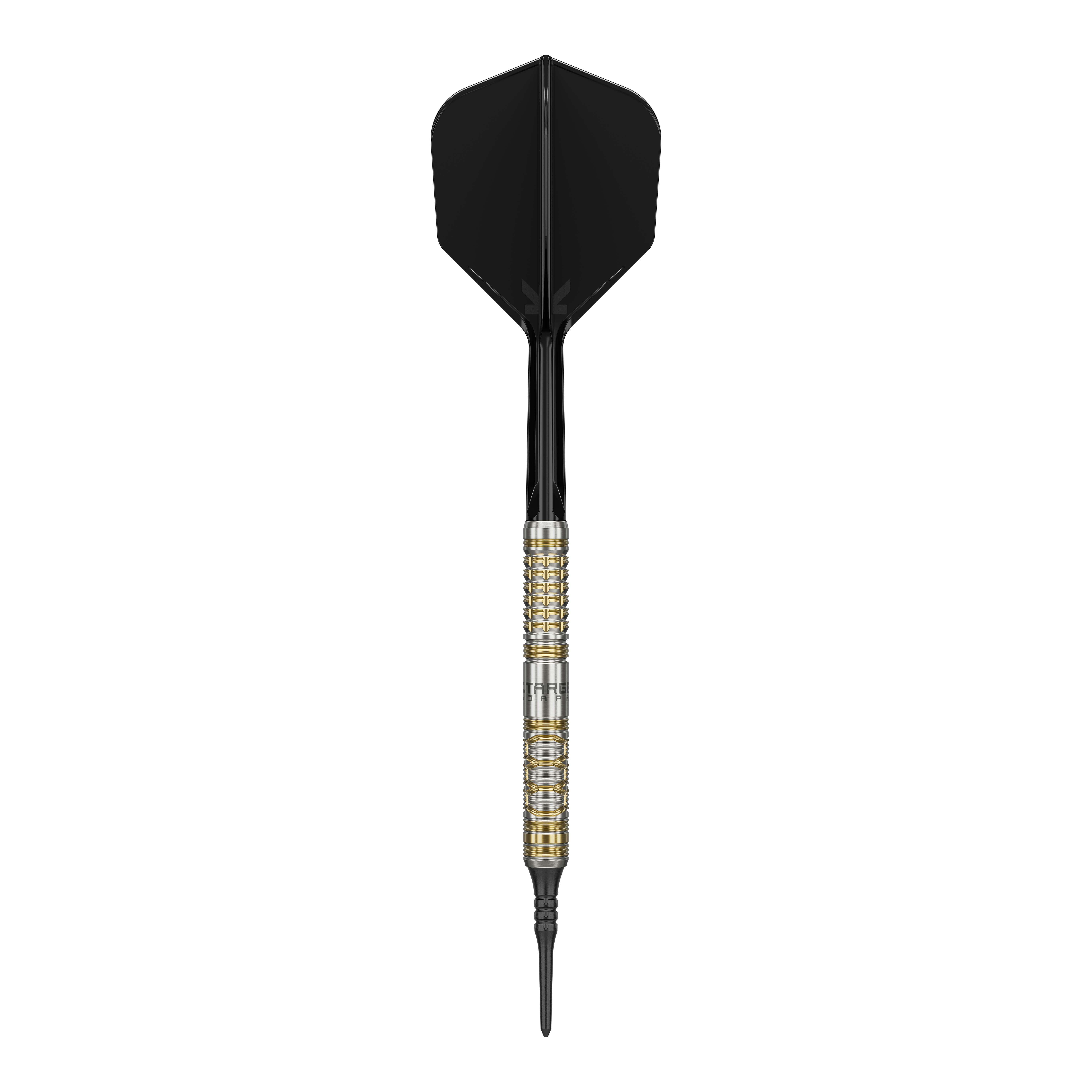 Dardos blandos Target Japan Black Marque Reyn GEN2 - 17,5 g Auf dem Bild ist ein Softdartpfeil des Modells "Target Japan Black Marque Reyn GEN2 Softdarts - 17,5g" zu sehen. Er hat eine silberne und goldene Griffzone sowie schwarze Flights und Spitze.