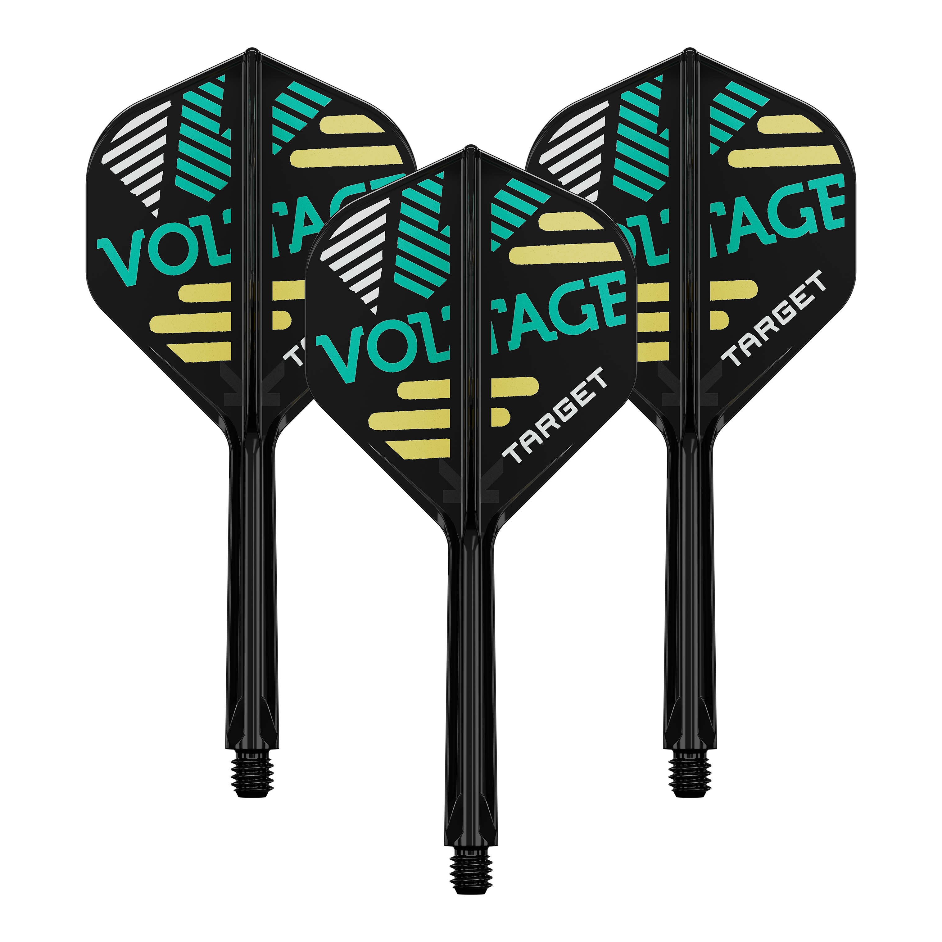 Target K-Flex Rob Cross No2 Standard Flight-Shaft-System Auf dem Bild sind drei Dart-Flights mit Schäften zu sehen. Die Flights sind schwarz und tragen die Aufschrift "VOLTAGE" und "TARGET" in grüner und weißer Farbe.