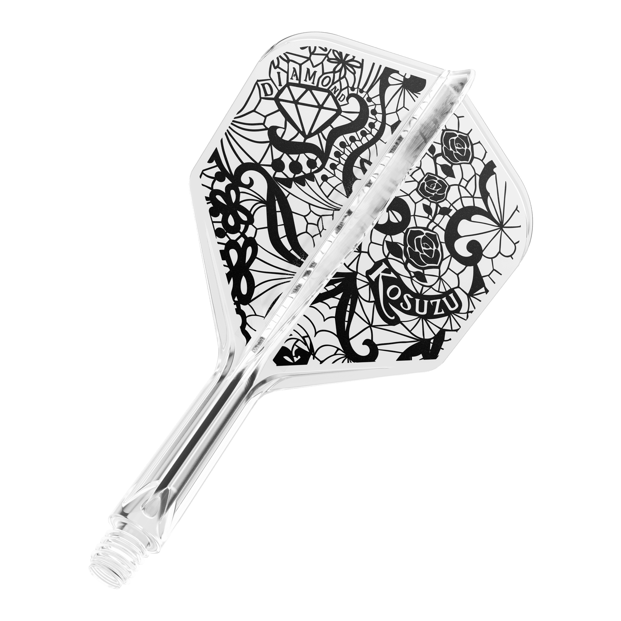 Systém Target Japan K-Flex Diamond No6 Flight Shaft System Dies ist ein klarer Dartflight mit einem schwarzen, kunstvollen Design, das Rosen, ein Diamant und Netzmuster zeigt. Das System ist einteilig und hat ein Schraubgewinde am Ende.