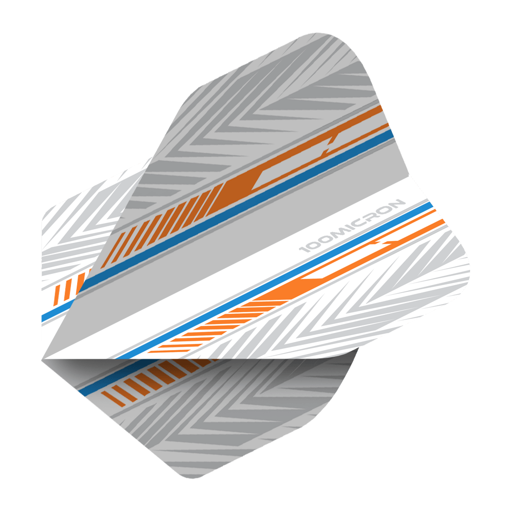 Voli Pentathlon bianchi/arancioni/blu Das Bild zeigt ein Pentathlon Standard Dartflight in den Farben Weiß, Orange und Blau. Das Flight hat ein modernes, grafisches Muster mit der Aufschrift "100 MICRON".