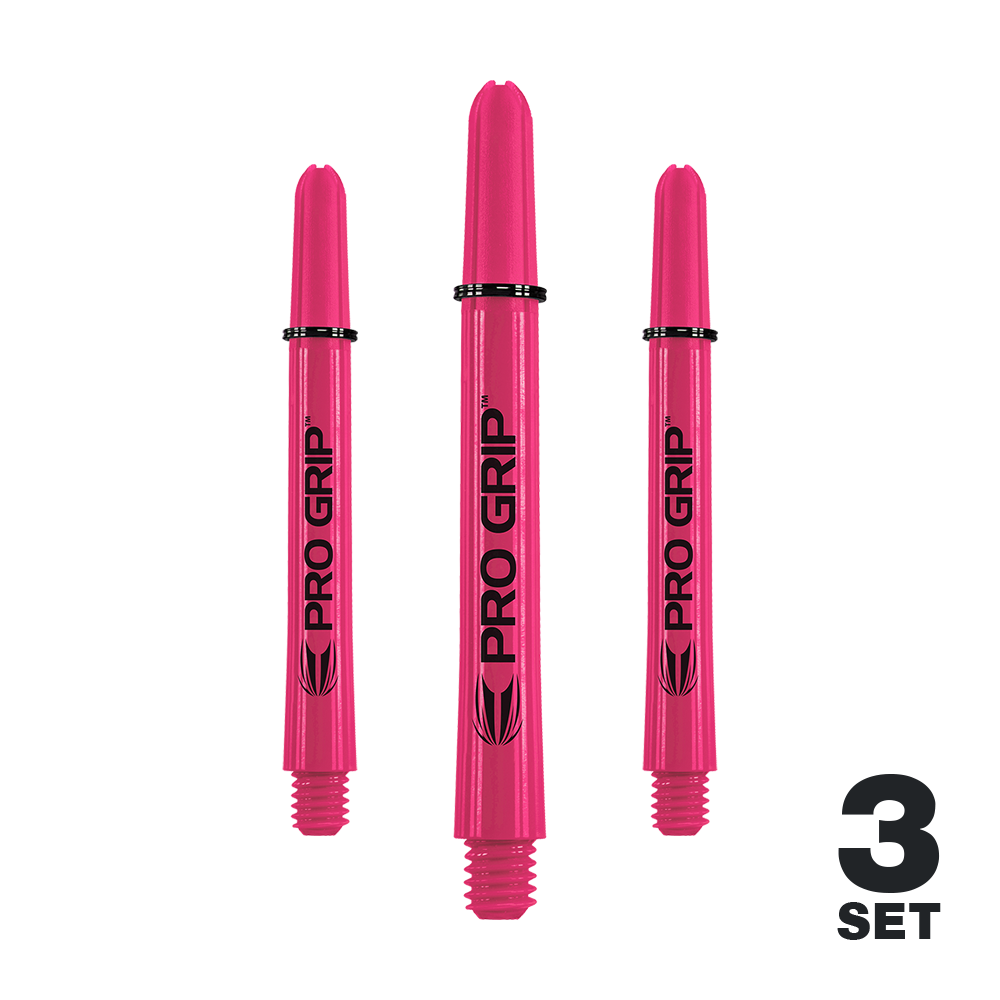 Tiges Target Pro Grip - 3 jeux - Rose Das Bild zeigt drei pinke Pro Grip Shafts für Dartpfeile. In der rechten unteren Ecke steht "3 SET".