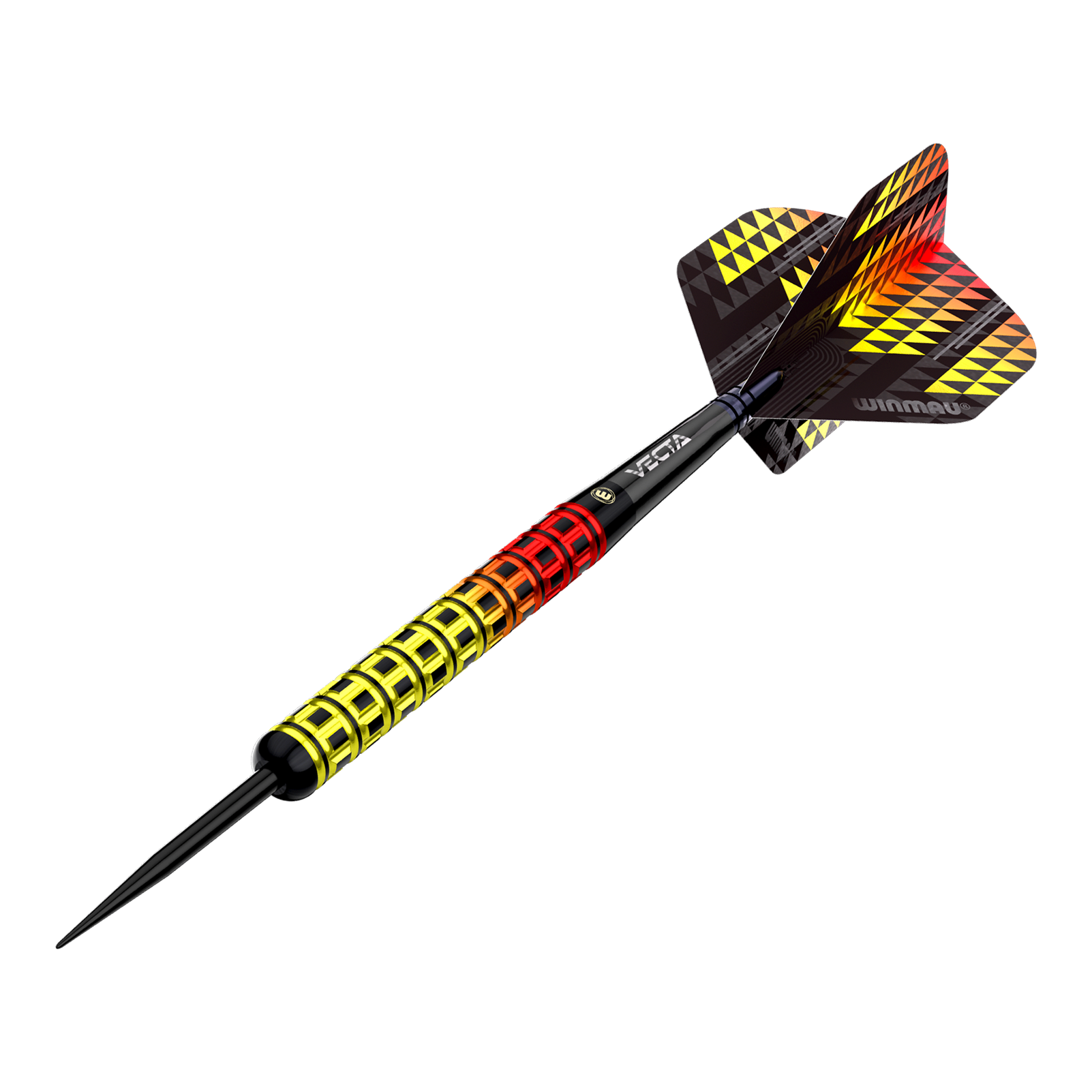 Dardos de acero paralelos de llamas de tormenta de fuego Winmau Das Bild zeigt einen Winmau Firestorm Flame Parallel Steeldart. Der Dart hat ein auffälliges Design mit einem Griff in Gelb, Rot und Schwarz sowie passenden Flight-Mustern.