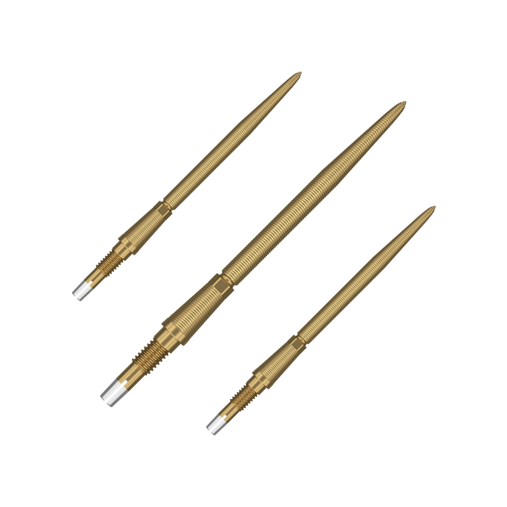 Target Swiss Storm Nano Point Dartspitzen - Gold Ein Set goldfarbener Dartspitzen mit feiner Struktur ist dargestellt. Die Spitzen werden nebeneinander präsentiert.