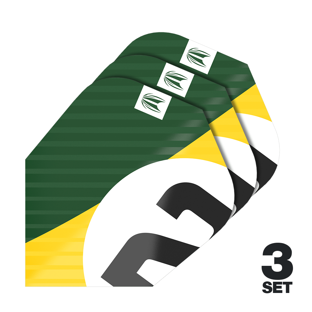 Target Pro Ultra Chicane Green Ten-X Flights - 3 Sets Das Bild zeigt drei Dart-Flights im grünen, gelben und weißen Design. Unten rechts steht "3 SET", was auf drei Sets hinweist.