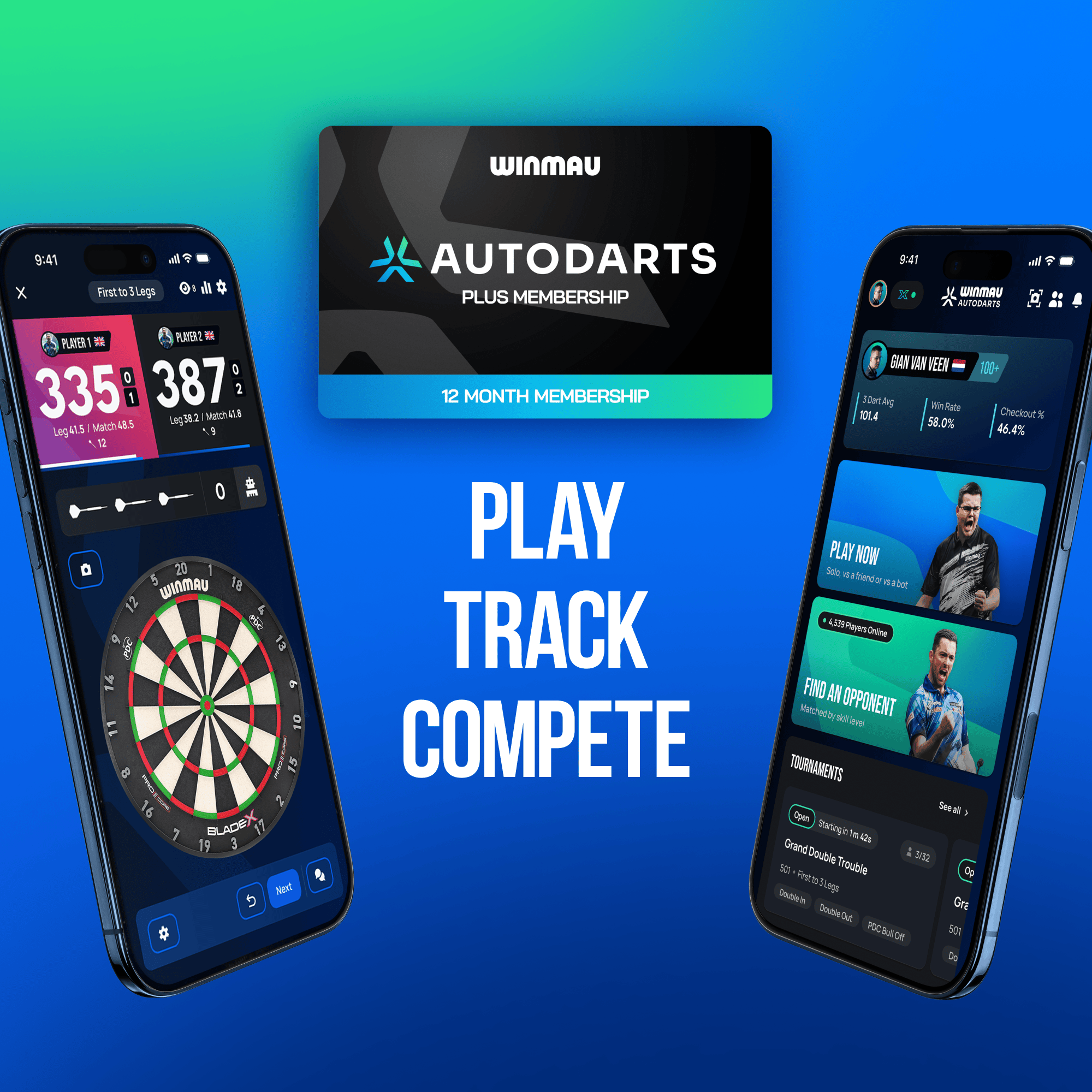 Pacchetto che include supporto per dispositivi Winmau e abbonamento di 12 mesi. Abgebildet ist das Winmau Device Stand & 12 Monate Membership Bundle. Das Set umfasst einen Ständer und eine 12-monatige Mitgliedschaft für Dartspieler.