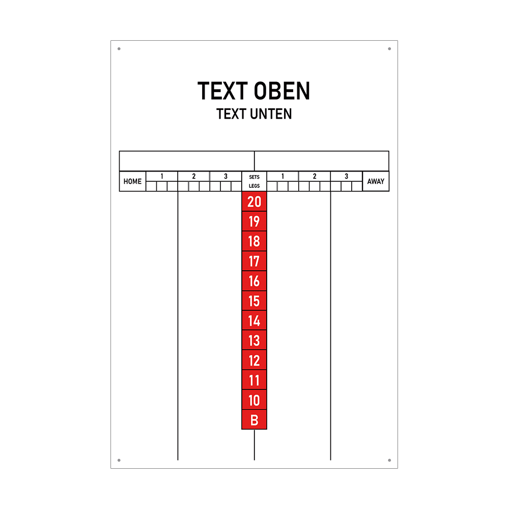 INSCORE1_Scoreboard_mit_Wunschdruck_40x60cm_Rot_1 Das Bild zeigt ein Scoreboard mit individuellen Druckmöglichkeiten in der Größe 40 x 60 cm. In der Mitte sind rote Zahlen von 20 bis 10 sowie ein Feld mit "B" angeordnet, und oben gibt es Platz für eigenen Text.