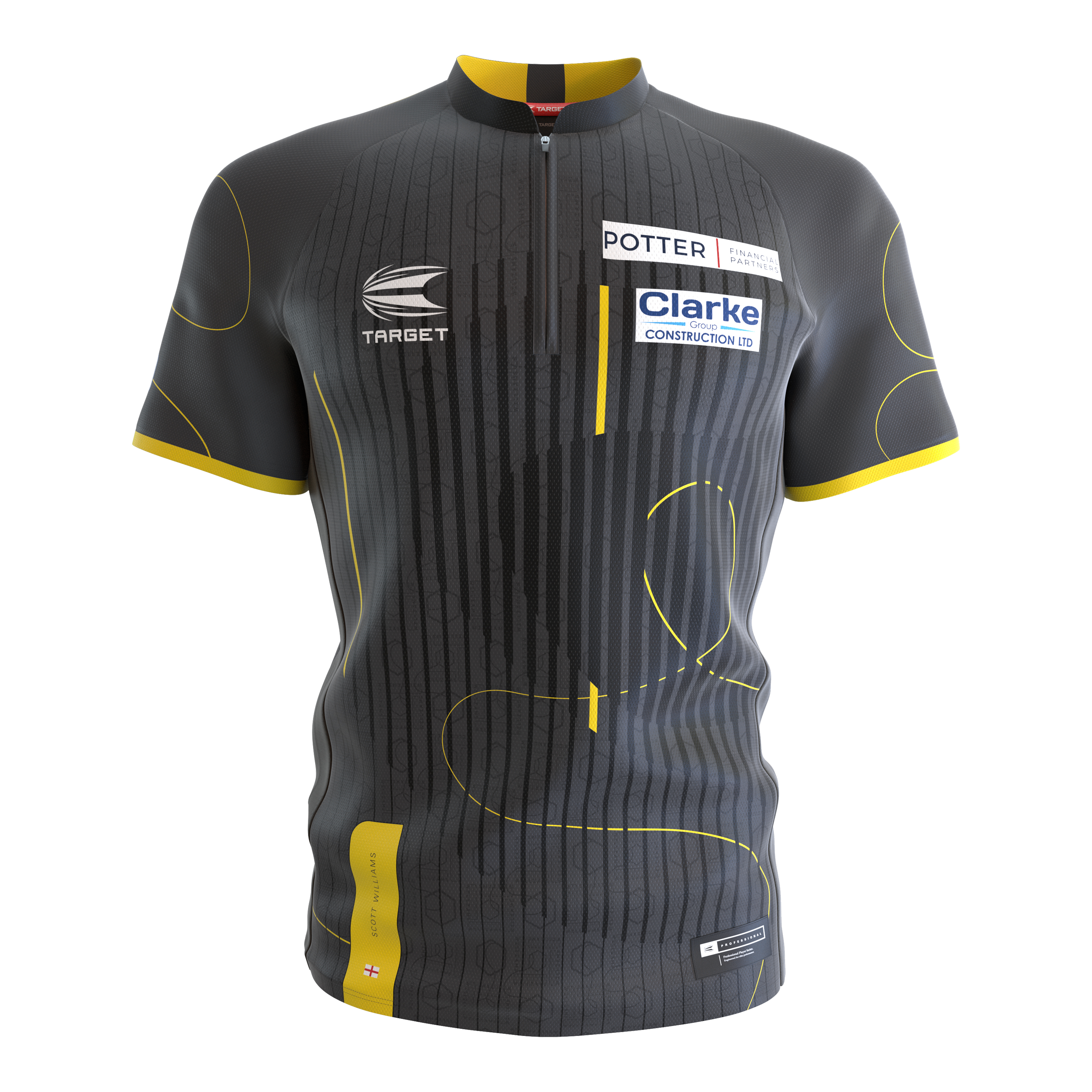 Target Coolplay Collarless Scott Williams Dartshirt Das Bild zeigt ein kurzärmliges Dartshirt ohne Kragen in dunklem Grau mit gelben Akzenten. Auf dem Shirt befinden sich Sponsorenlogos sowie dezente Musterlinien.