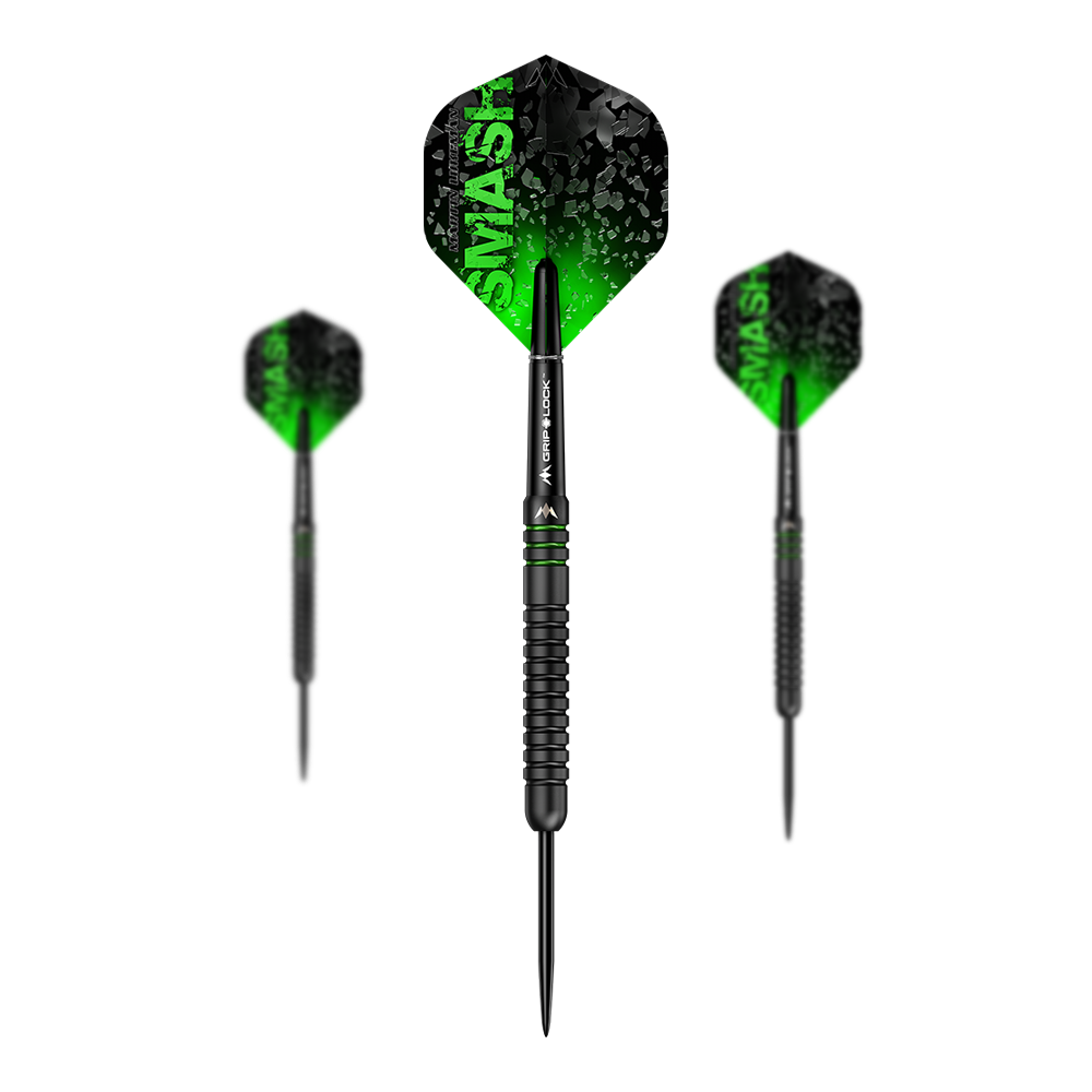 Mission Martin Lukeman Black Titanium Steeldarts - 25g Das Bild zeigt drei schwarze Titanium-Steeldarts der Marke Mission Martin Lukeman mit einem Gewicht von 25 Gramm. Die Flights sind schwarz-grün und tragen die Aufschrift "SMASH".