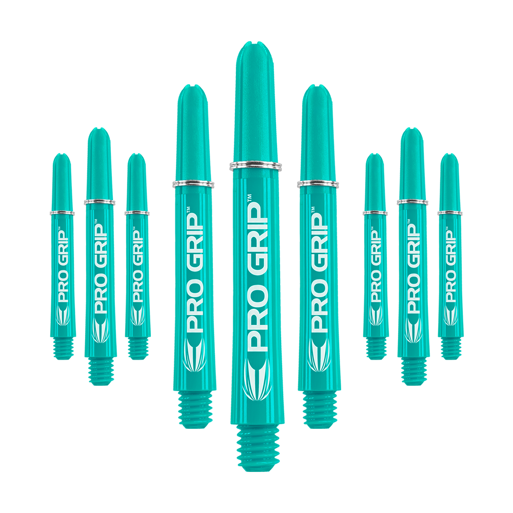 Uchwyty Target Pro Grip - 3 zestawy - Aqua Das Bild zeigt neun aqua-farbene Dartschäfte mit der Aufschrift "PRO GRIP". Sie sind in drei Reihen angeordnet und haben ein einheitliches Design.