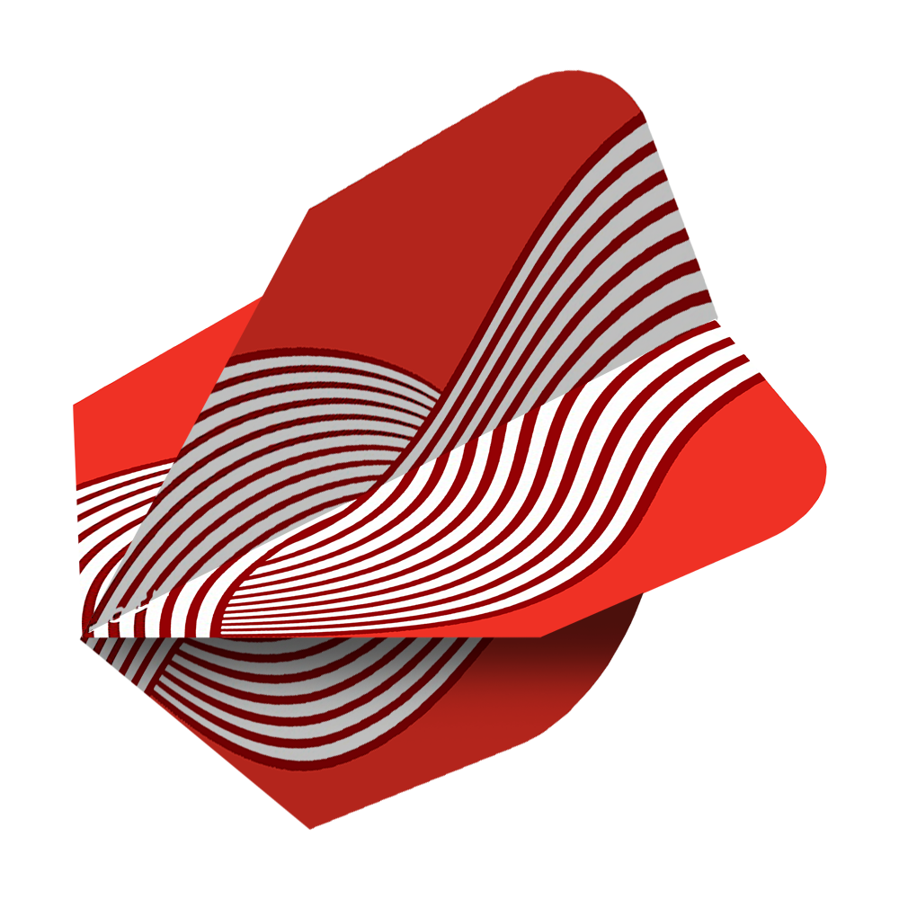 Shot ZEN Kyudo No6 Flights Das Bild zeigt das Produkt "Shot ZEN Kyudo No6 Flights". Es handelt sich um einen Dartflight mit einem roten und weißen, wellenförmigen Linienmuster.