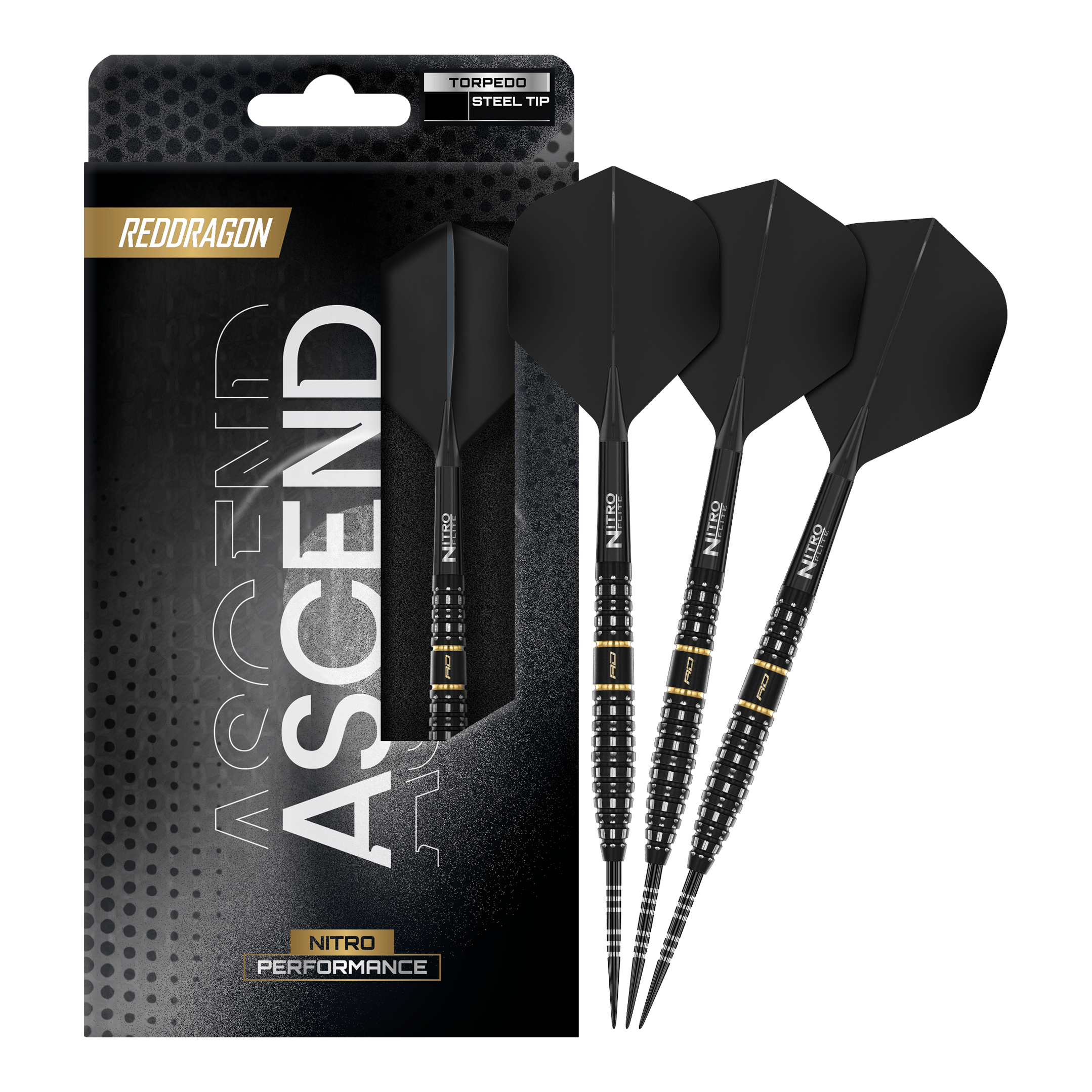 Zu sehen ist das komplette Set der Red Dragon Ascend Torpedo Steeldarts. Die Aufnahme zeigt alle enthaltenen Komponenten des Produkts.
