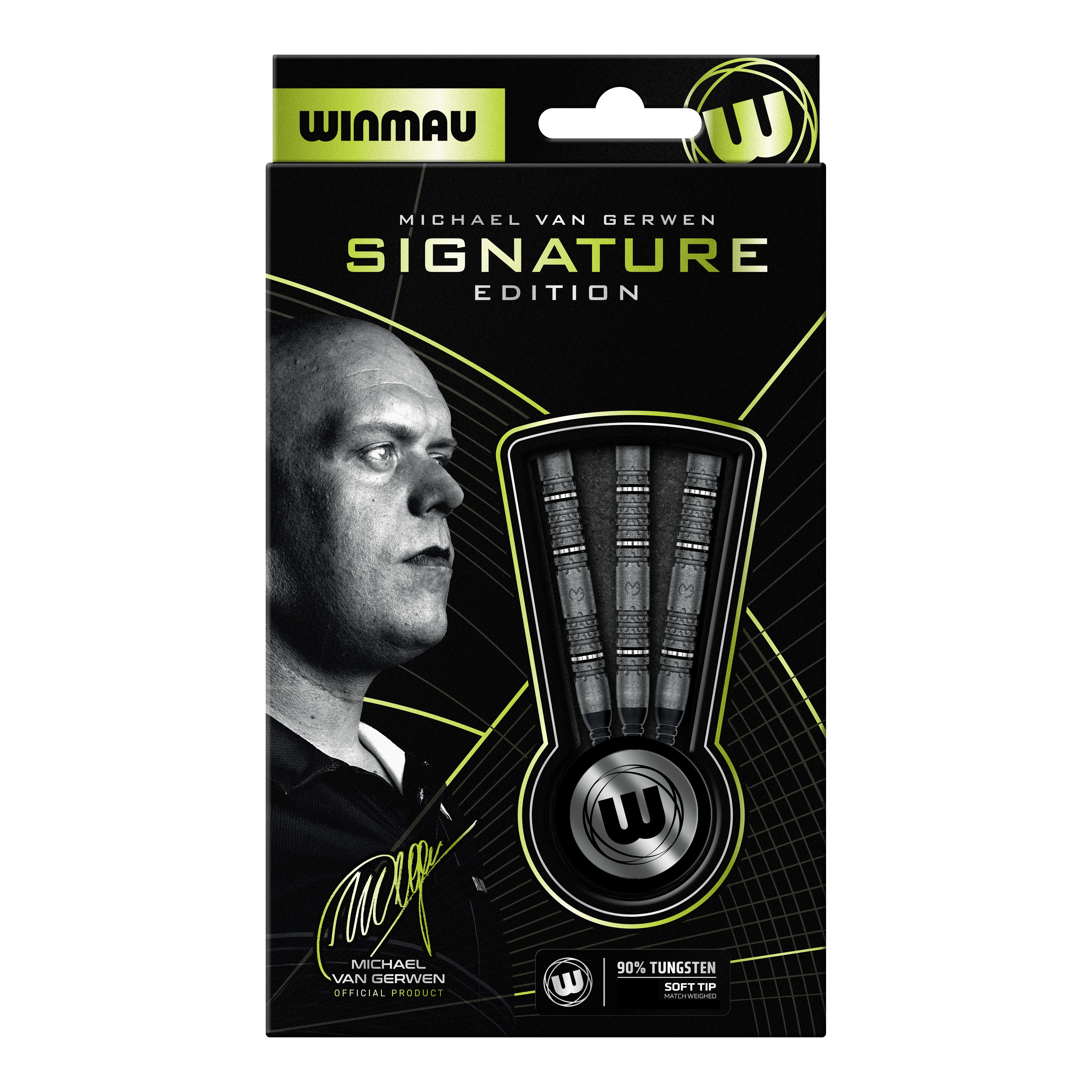 Softdarts Winmau Michael Van Gerwen Signature Edition - 20g Abgebildet sind die Winmau Michael Van Gerwen Signature Edition Softdarts mit 20g Gewicht. Die Aufnahme zeigt drei einzelne Softdarts.