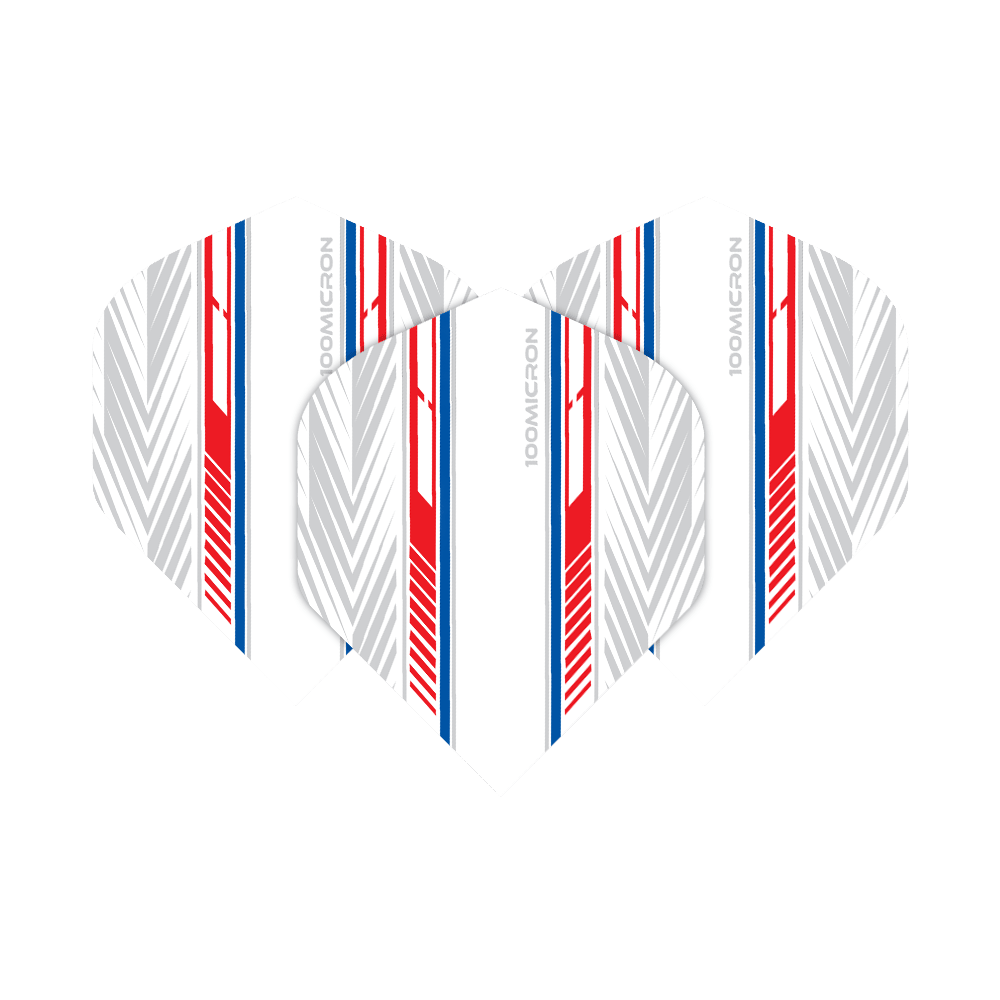Letky pro pětiboj bílé/červené/modré Das Bild zeigt die "Pentathlon White Red Blue No2 Standard Flights". Die Flights sind überwiegend weiß mit roten, blauen und grauen Linienmustern.