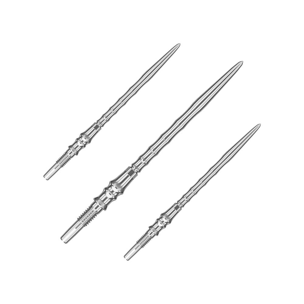 Dieses Bild zeigt ein Set silberner SwissPoint-Dartspitzen mit 40 mm Länge. Die Dartspitzen sind aus der Target Japan Premium Linie.
