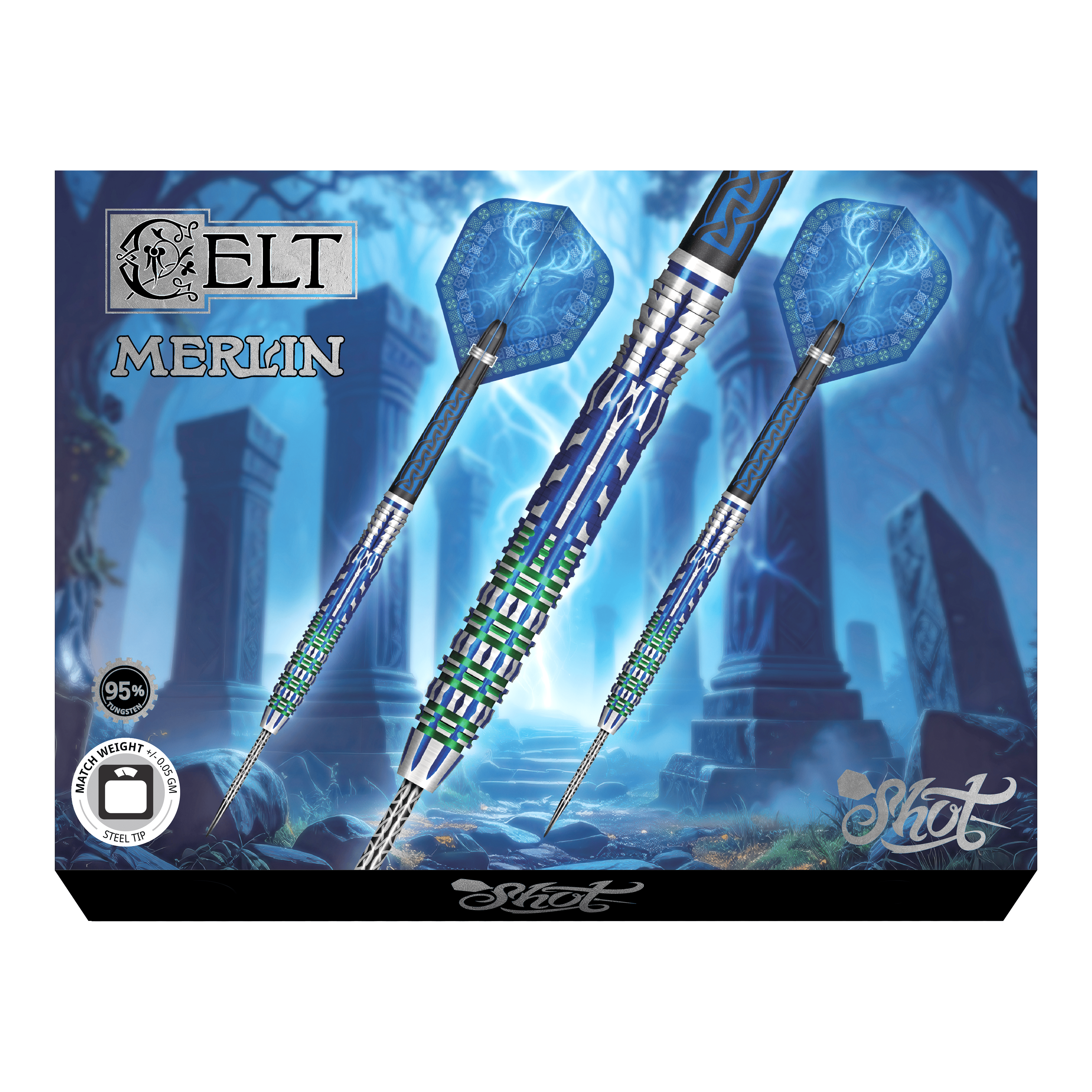 dardos de acero Shot Celt Merlin Das Foto zeigt die Shot Celt Merlin Steeldarts aus einer anderen Perspektive. Sie sind aus hochwertigem Material gefertigt.