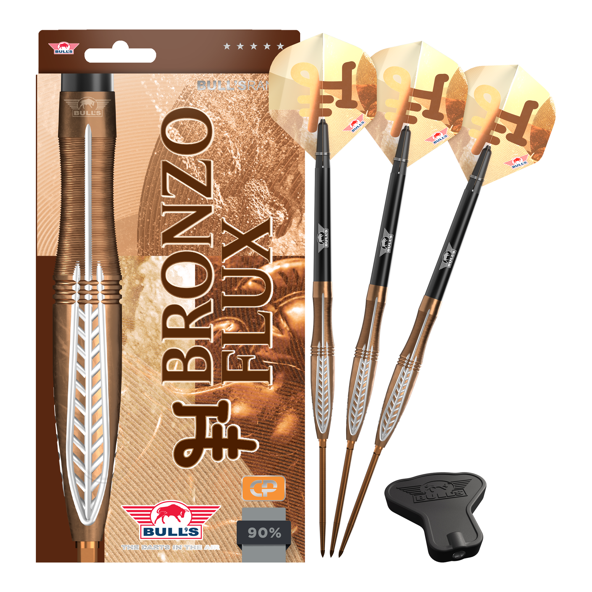 Šipky Bulls NL Bronzo Flux Convertible Point Steel Darts Das Bild zeigt Bulls NL Bronzo Flux Convertible Point Steeldarts in Komplettansicht. Das Set besteht aus mehreren Darts.