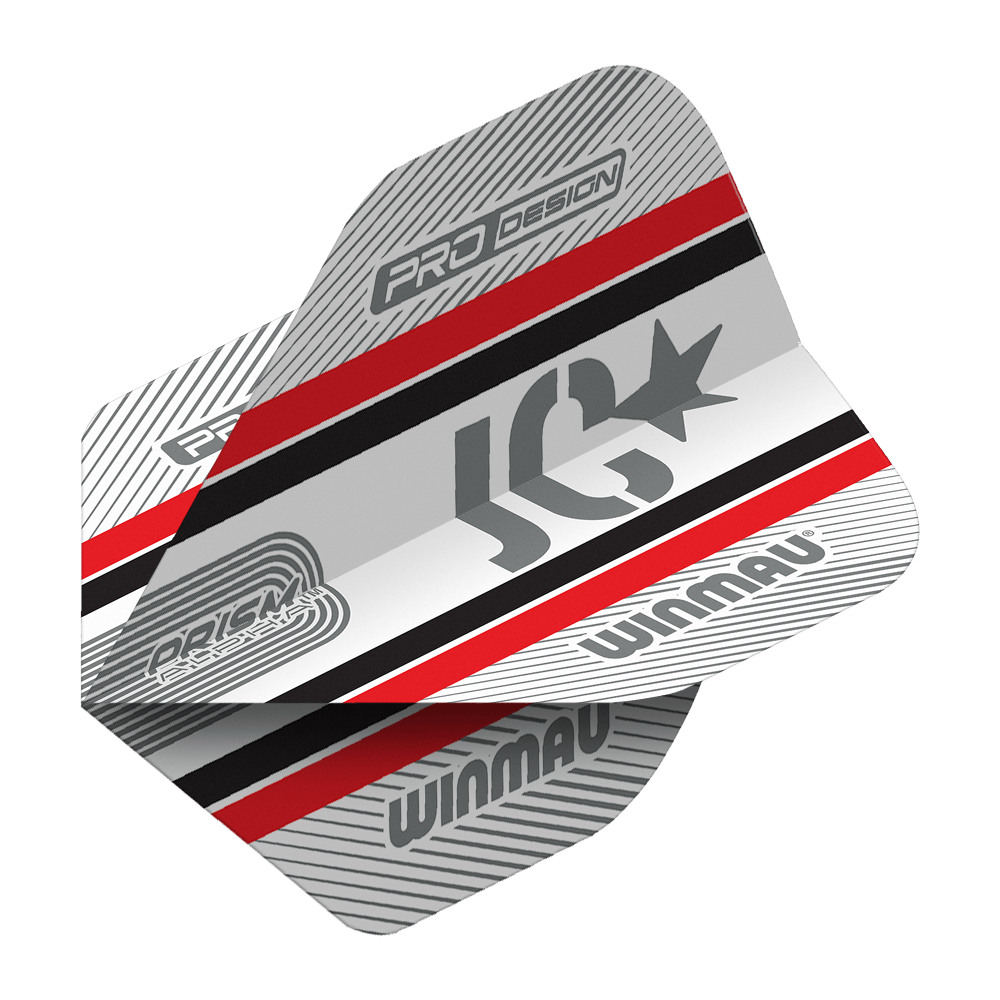 Winmau Alpha Joe Cullen Cullen 85 Standardní lety Das Bild zeigt die Winmau Alpha Joe Cullen 85 Standard Flights für Darts. Das Design ist in Silber, Rot, Schwarz und Weiß gehalten und trägt die Logos "Winmau" und "JC".