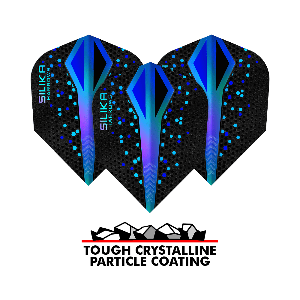 Plumas Harrows Silika Colourshift Tough Crystalline Coating Blue No6 Das Bild zeigt drei Harrows Silika Colourshift Tough Crystalline Coating Blue No6 Flights. Darunter befindet sich ein Logo mit der Aufschrift "Tough Crystalline Particle Coating".