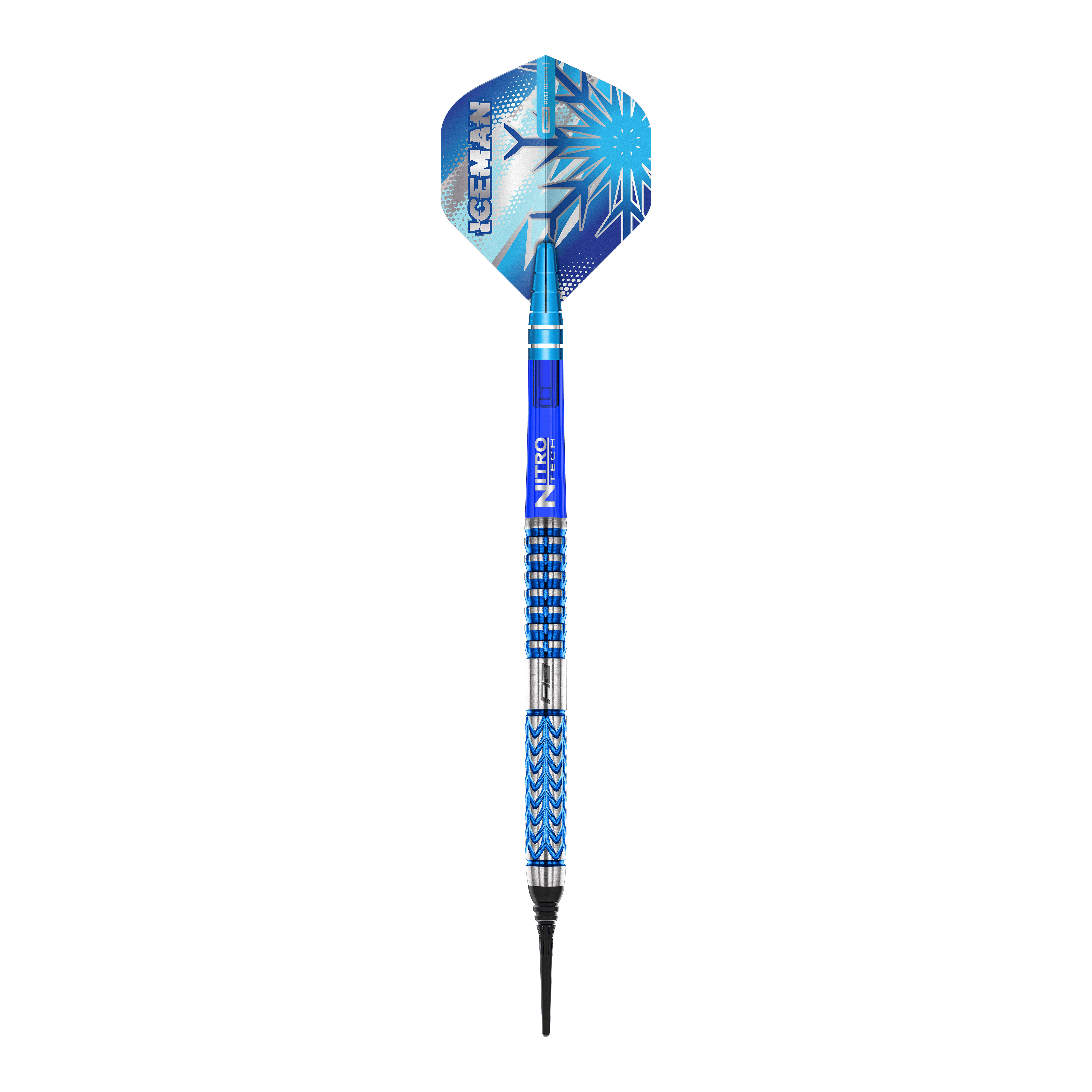 Red Dragon Gerwyn Price Glacier Softdarts - 18g Dieses Bild zeigt den Red Dragon Gerwyn Price Glacier Softdart mit einem Gewicht von 18g. Der Dart hat ein auffälliges blaues Design mit eisigen Mustern und dem Schriftzug "ICEMAN" auf der Flights.