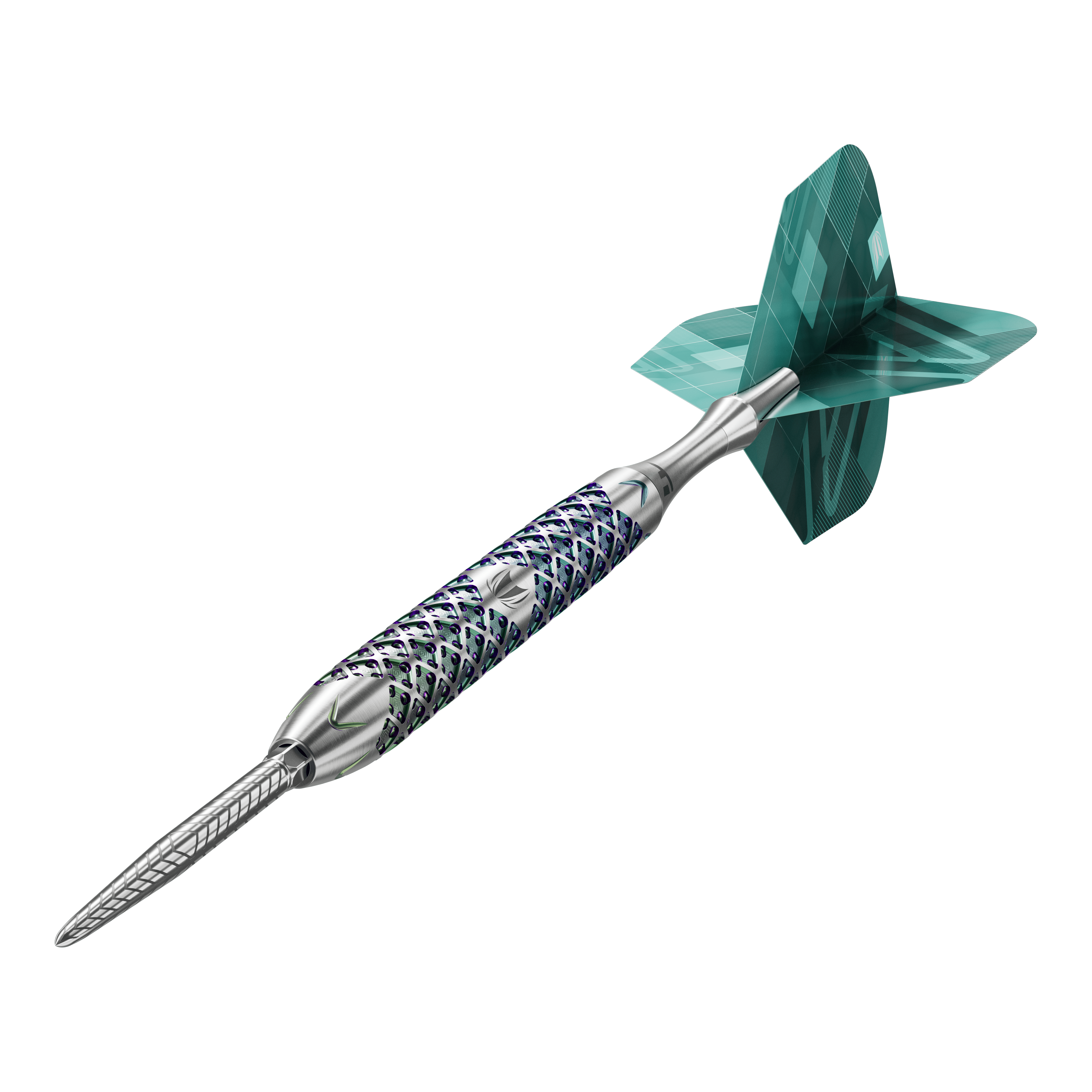 Freccette in acciaio Target Rove 01 Swiss Point Das Bild zeigt einen Target Rove 01 Swiss Point Steeldart mit silbernem Schaft und blau-grünen Akzenten. Am hinteren Ende befindet sich eine grün gemusterte Dartflügel.