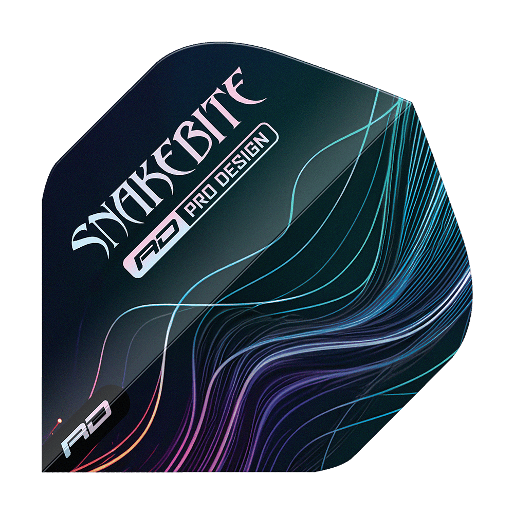 Standardní letky Red Dragon Hardcore Peter Wright Multi No2 Das Bild zeigt ein Dart-Flight mit dem Aufdruck "SNAKEBITE" und "RD PRO DESIGN". Auf dem Flight sind bunte Linien auf dunklem Hintergrund zu sehen.