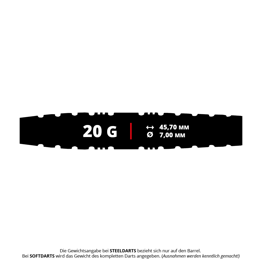 Dardos blandos Red Dragon Paradym Torpedo - 20 g Das Bild zeigt einen Red Dragon Paradym Torpedo Softdart mit einem Gewicht von 20 Gramm. Die Länge beträgt 45,70 mm und der Durchmesser 7,00 mm.