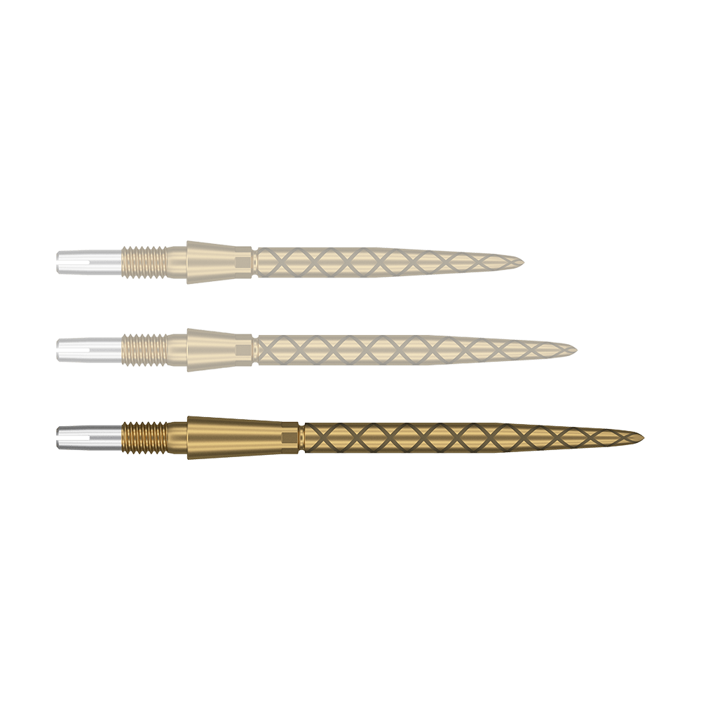 Target Swiss Storm Diamond Point Dartspitzen - Gold Das Bild zeigt drei goldfarbene Dartspitzen mit einem rautenförmigen Muster. Die Enden der Spitzen sind silbern und haben ein Gewinde zum Befestigen.