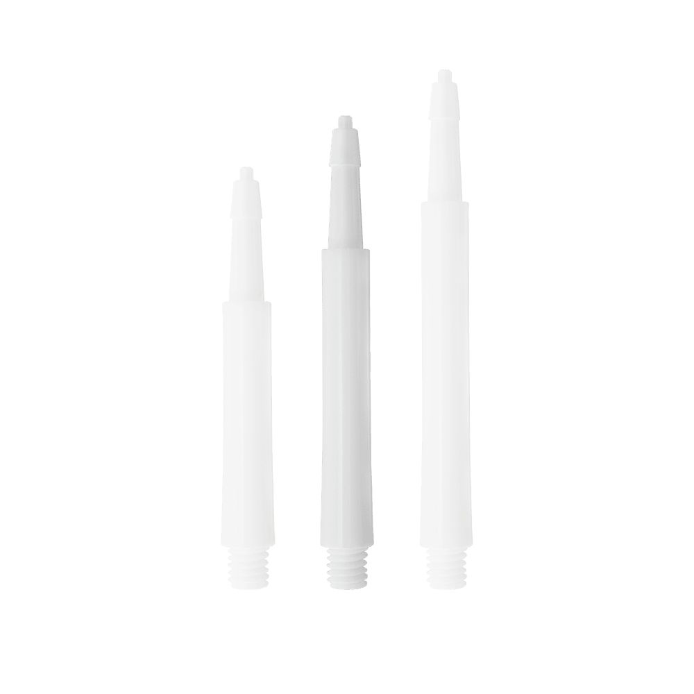HRC12626W_Harrows_Clic_Standard_Shafts_Weiss_30mm_1 Das Bild zeigt drei weiße Harrows Clic Standard Shafts in verschiedenen Längen. Sie sind als Ersatzteile für Dartpfeile gedacht.