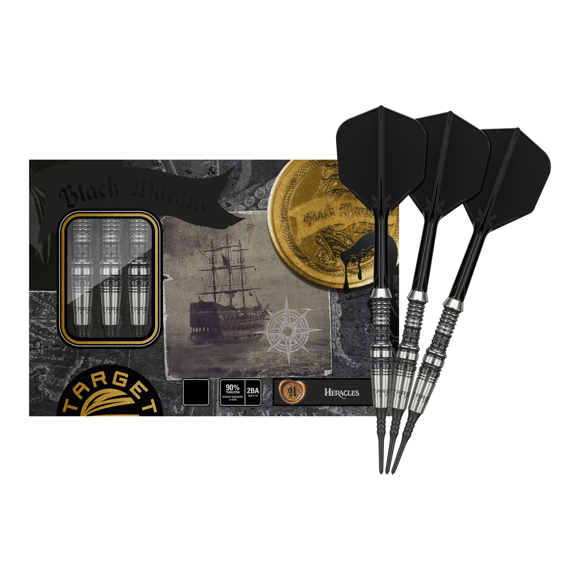 Měkké šipky Target Japan Black Marque Heracles - 18g Das Bild zeigt das Produkt "Target Japan Black Marque Heracles Softdarts - 18g" mit drei schwarzen Softdarts. Die Verpackung ist mit maritimen Motiven und goldenen Details gestaltet.