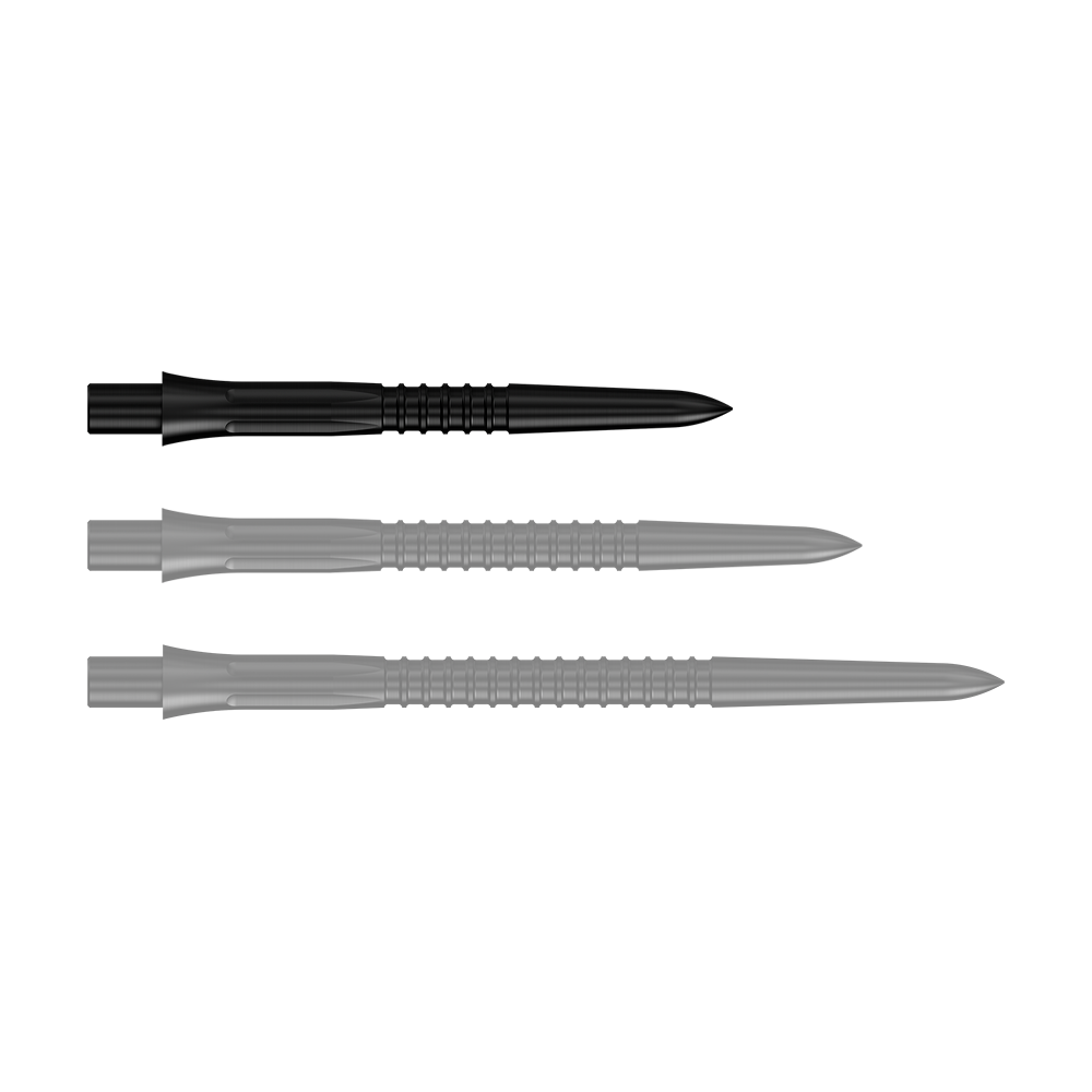 Schwarze Steeldartspitzen, 26 mm Länge, aus der Misson Caliburn EVO GV1 Serie. Die Aufnahme zeigt eine Detailansicht der Dartspitzen.