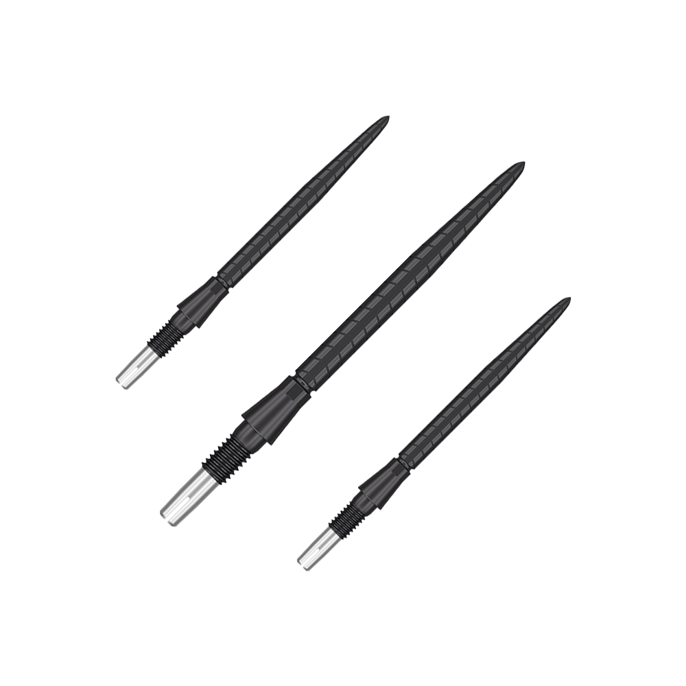 Target Swiss Storm Quartz Dartspitzen - Schwarz Das Bild zeigt drei schwarze Dartspitzen mit silbernem Schraubgewinde. Sie sind nebeneinander auf einem transparenten Hintergrund angeordnet.