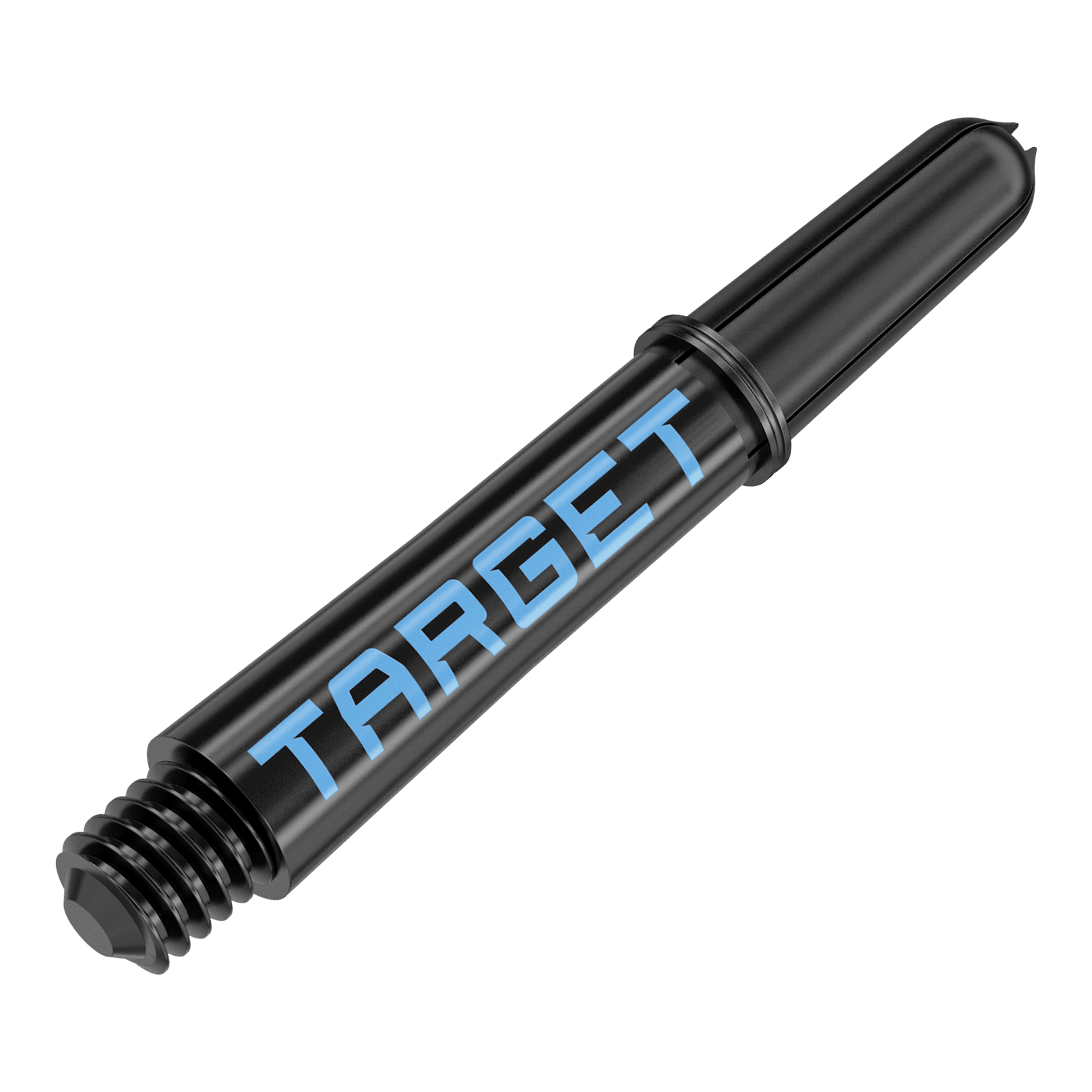 Target Pro Grip TAG Shafts - 3 Sets - Black Blue Dies ist ein schwarzer Dart-Schaft mit blauem Schriftzug „TARGET“. Er hat ein Schraubgewinde an einem Ende und eine glatte Oberfläche.