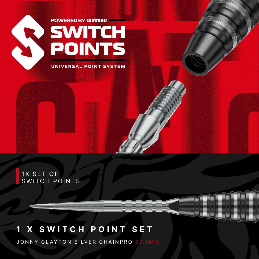 Das Bild präsentiert Red Dragon Jonny Clayton RD-PRO Switch Point Steeldarts. Die Dartpfeile sind geordnet auf einer hellen Fläche zu sehen.