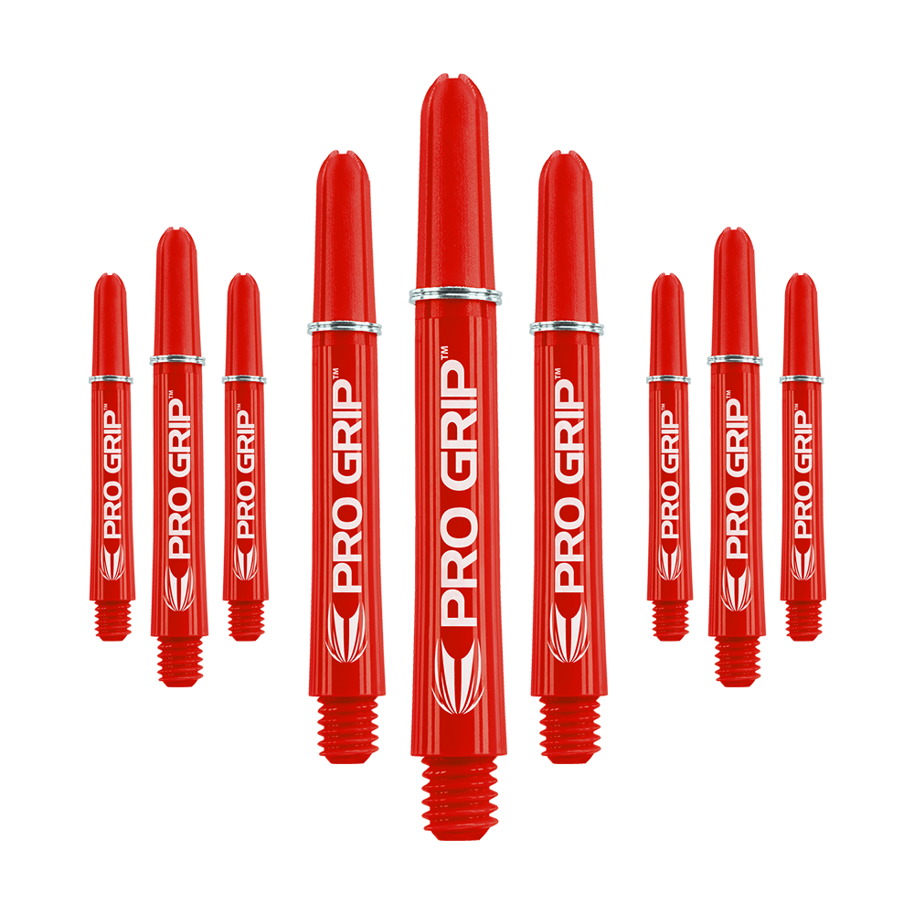 Target Pro Grip Shafts - 3 Sets - Red Das Bild zeigt mehrere rote Dartschäfte mit der Aufschrift "PRO GRIP". Die Schäfte sind in einer symmetrischen Anordnung dargestellt und heben sich deutlich vom Hintergrund ab.