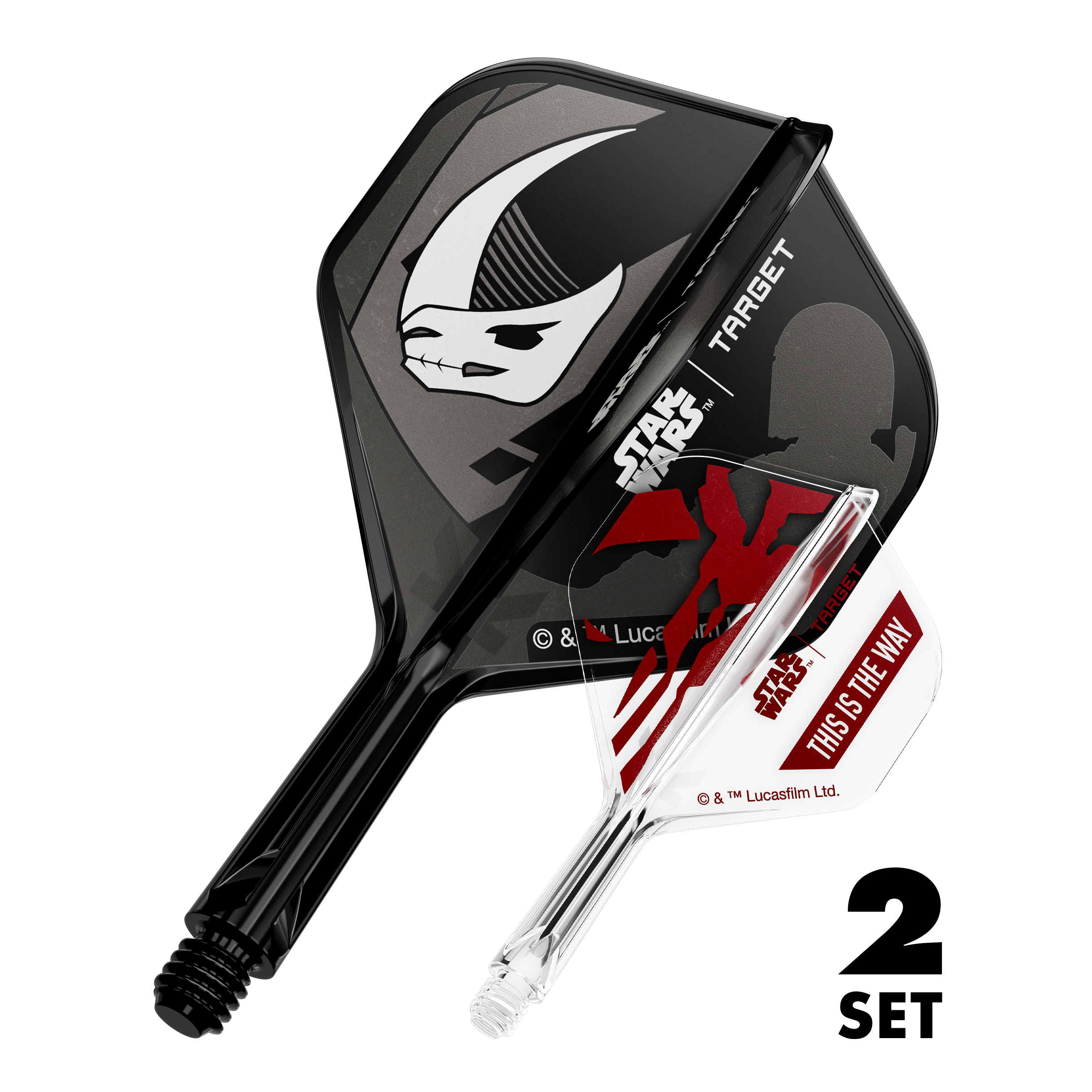 Set Target Star Wars K-Flex Mandalorian No2 Voli Standard Zu sehen sind zwei Dart-Flights im Mandalorianer-Design aus Star Wars. Dies ist das Set 'K-Flex Mandalorian 2PackSet No2 Standard Flights' mit 19mm.