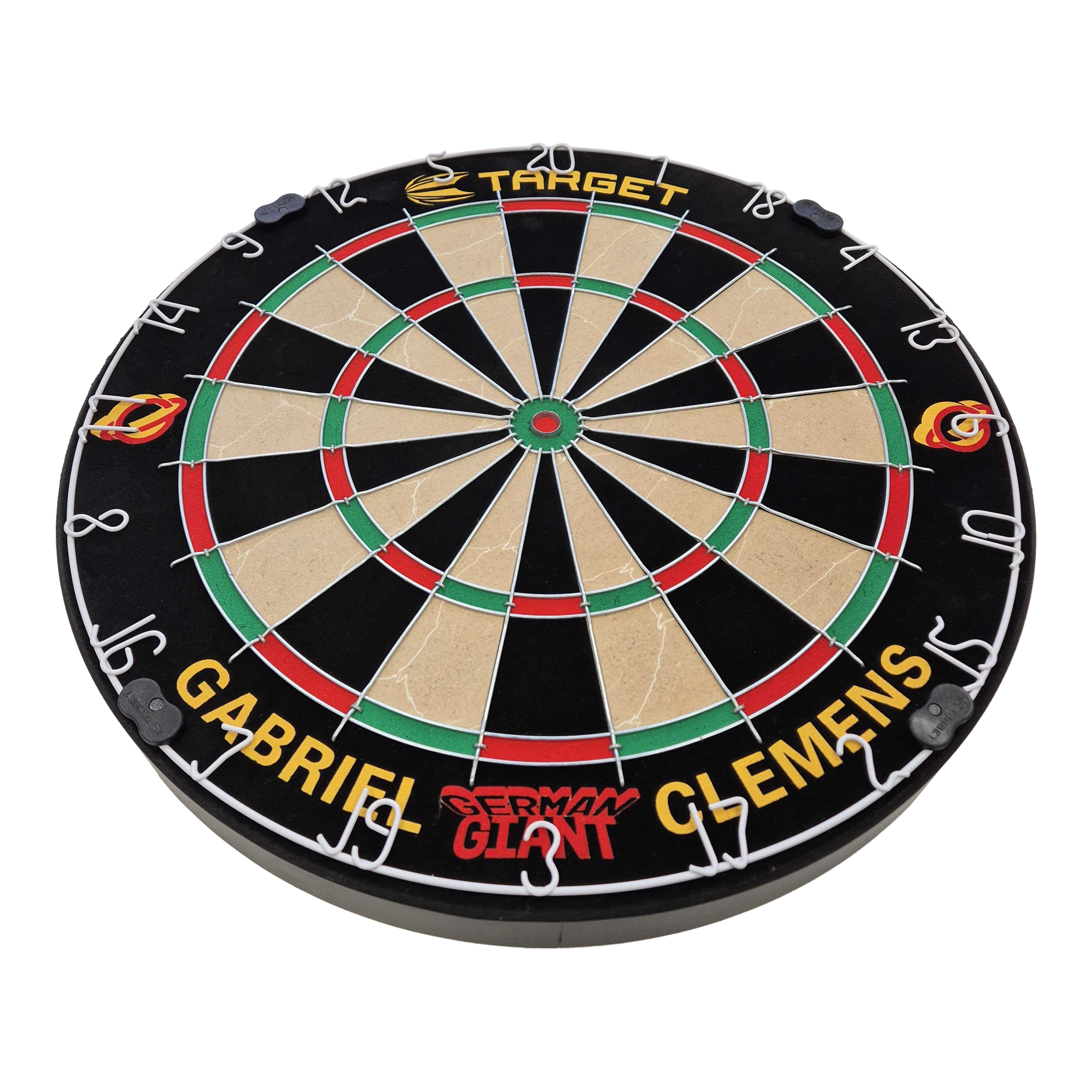 Sada ocelových terčů Target Gabriel Clemens Dies ist eine Steeldartboard-Set mit der Aufschrift „Gabriel Clemens“ und „German Giant“. Das Board ist von der Marke Target und hat die klassischen Farben und Markierungen eines Dartboards.
