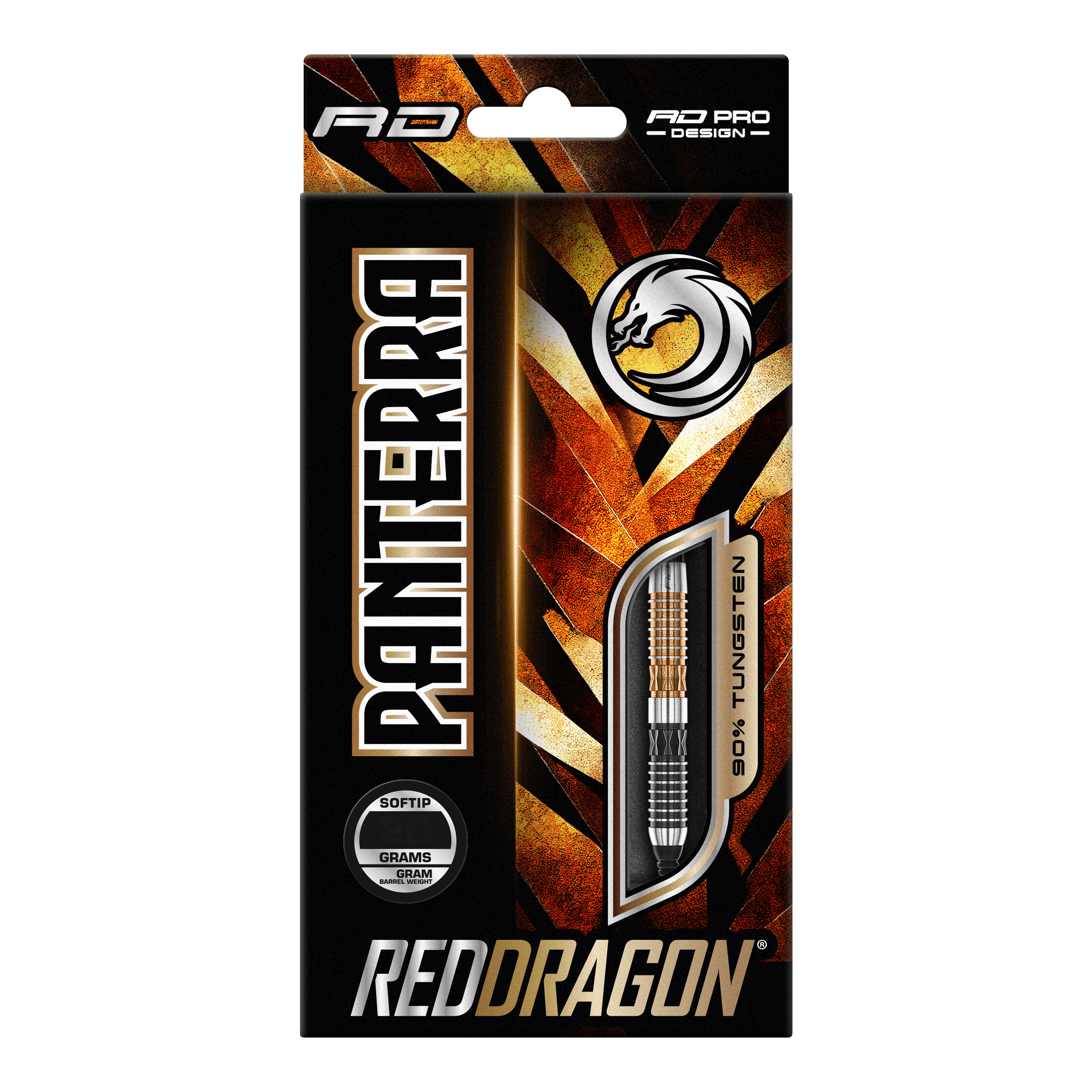 Měkké šipky Red Dragon Panterra - 20g Das Bild zeigt eine Verpackung der "Red Dragon Panterra Softdarts - 20g". Die Packung ist auffällig gestaltet und hebt den Schriftzug "Panterra" sowie das Red Dragon-Logo hervor.