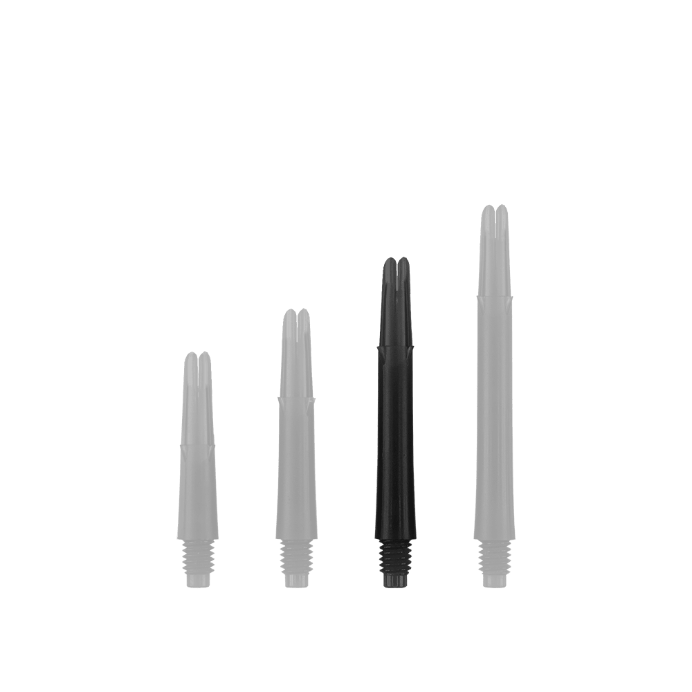 L-Style L-Shafts Locked Straight - Black 260 Auf dem Bild sind vier schwarze, gerade Dartschäfte in unterschiedlichen Längen zu sehen. Sie stehen nebeneinander aufrecht auf einem neutralen Hintergrund.