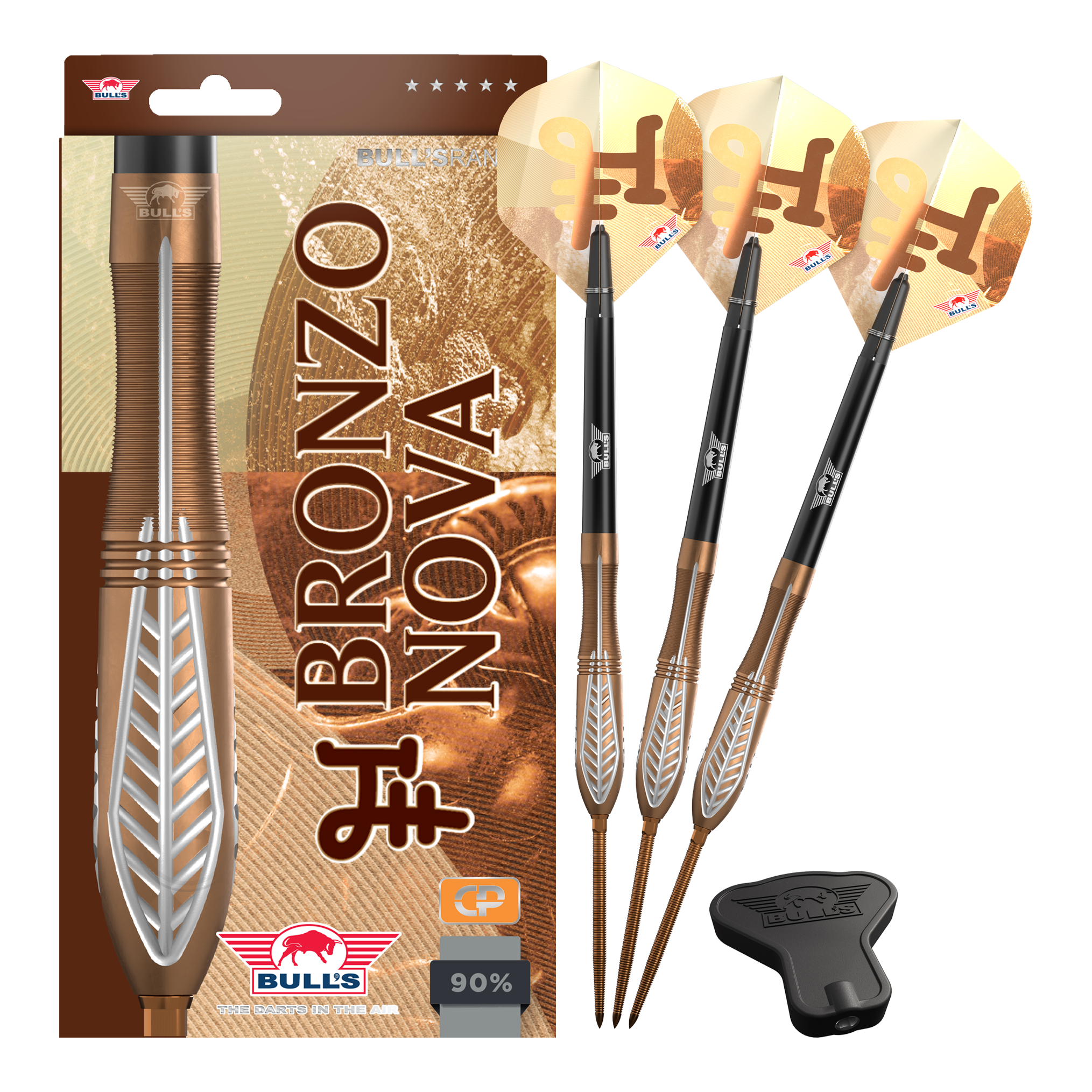 Šipky Bulls NL Bronzo Nova Convertible Point Steel Darts Das Bild zeigt Bulls NL Bronzo Nova Convertible Point Steeldarts in Komplettdarstellung. Das Set ist metallfarben.