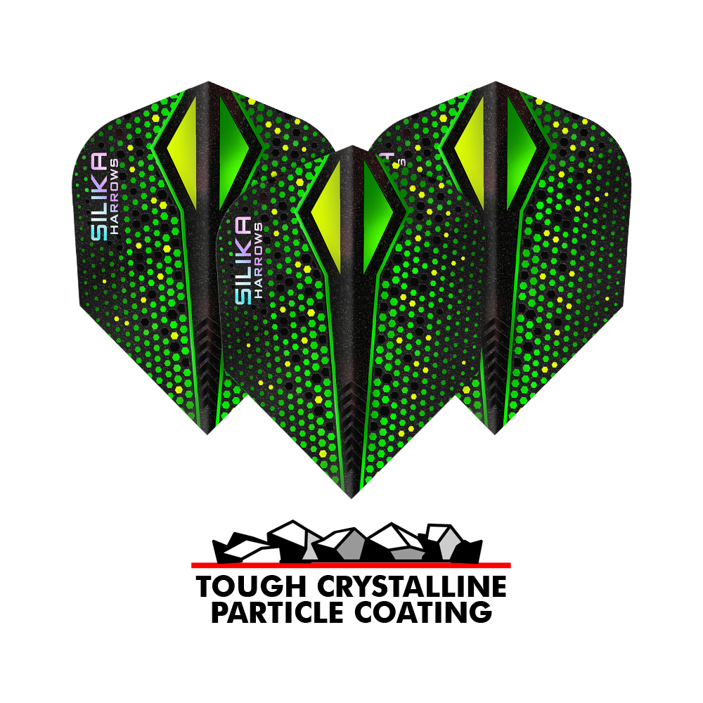 Harrows Silika Colorshift Tough Crystalline Coating Green-X No6 Flights Im Bild erkennbar sind die Harrows Silika Colourshift Tough Crystalline Coating Green-X No6 Flights. Auffällige Muster sind sichtbar.