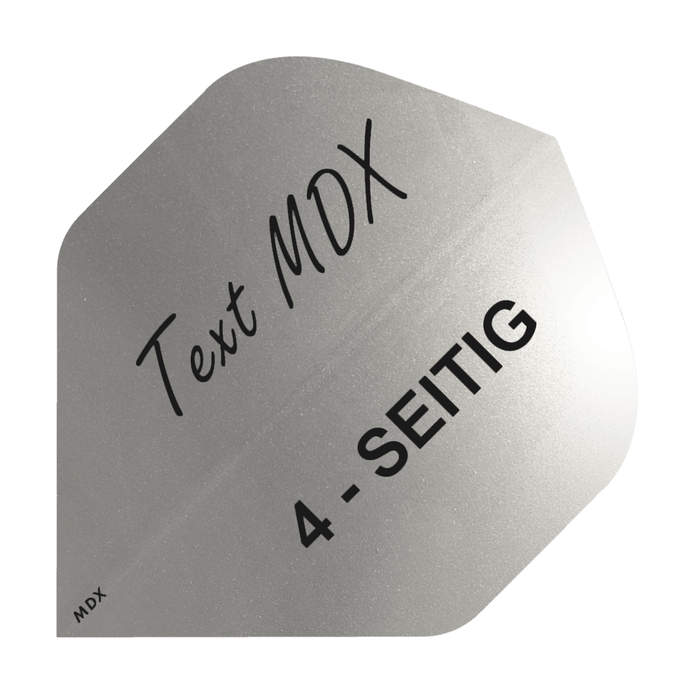 10 Satz Bedruckte Metallic Flights 4-Seitig - Wunschtext - MDX Standard Das Bild zeigt einen silbernen Dartflight mit der Aufschrift "Text MDX" und "4-SEITIG". Der Flight hat eine metallische Oberfläche und eine spezielle Form.