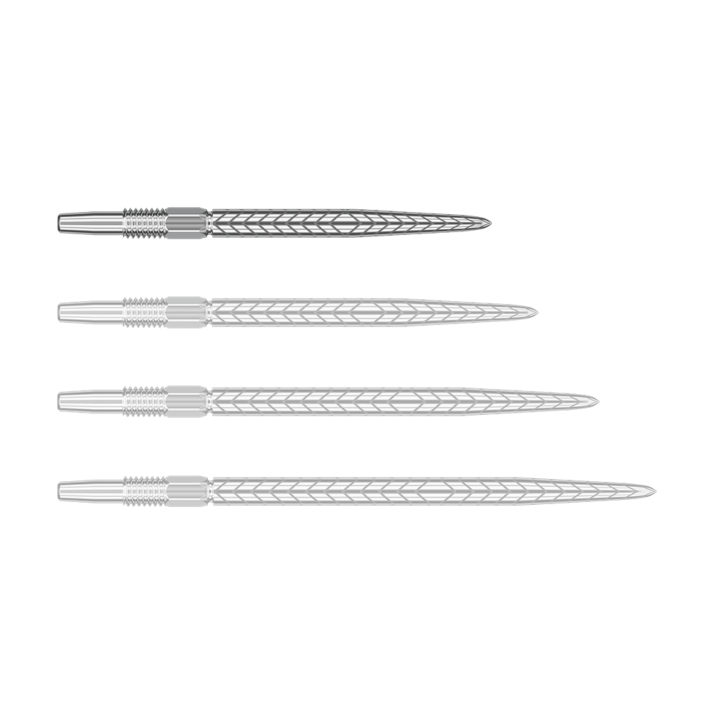 Target Swiss Point RVE Dartspitzen - Silber Das Bild zeigt vier silberne Dartspitzen mit einem Muster aus Linien. Sie sind nebeneinander angeordnet und unterscheiden sich nur in ihrer Position.