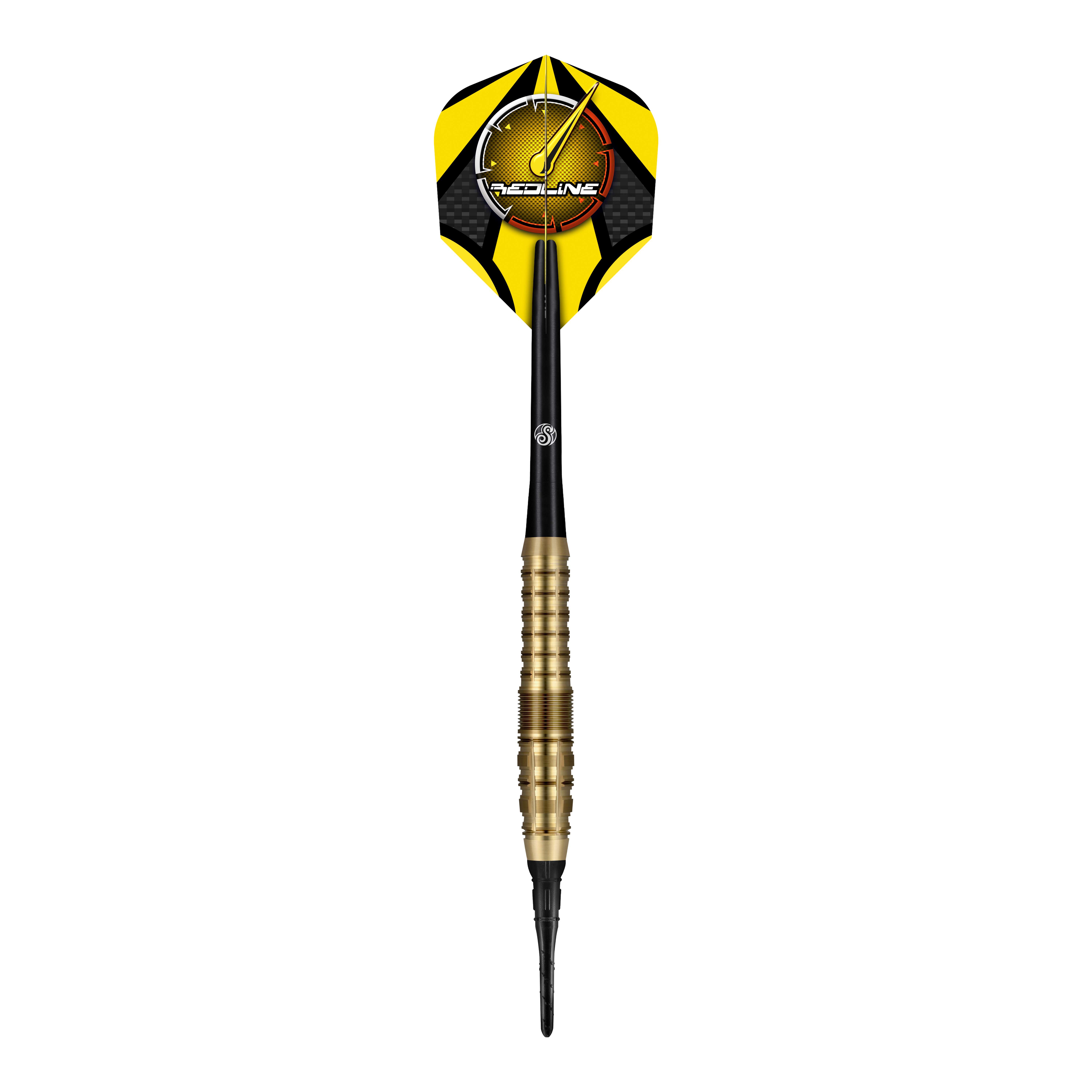 Dardos suaves Shot Redline Gizmo - 20 g Der "Shot Redline Gizmo Softdart - 20g" ist ein Softdartpfeil mit gelben und schwarzen Flights. Der Dart hat einen goldfarbenen Griff und eine schwarze Spitze.