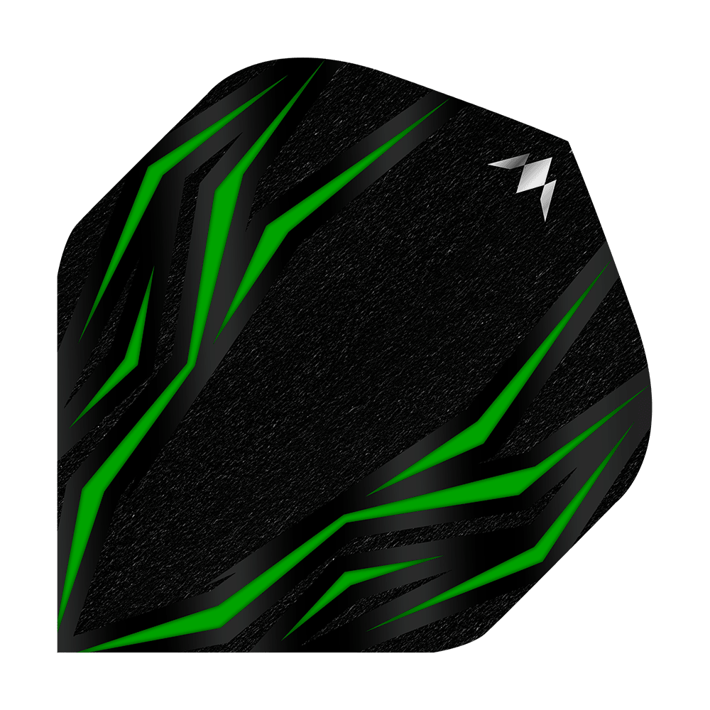 Standardní lety Mission Lava Green č. 2 Das Bild zeigt einen schwarzen Dartflight mit grünen, diagonalen Linien. In der oberen rechten Ecke befindet sich ein kleines, silbernes Logo.