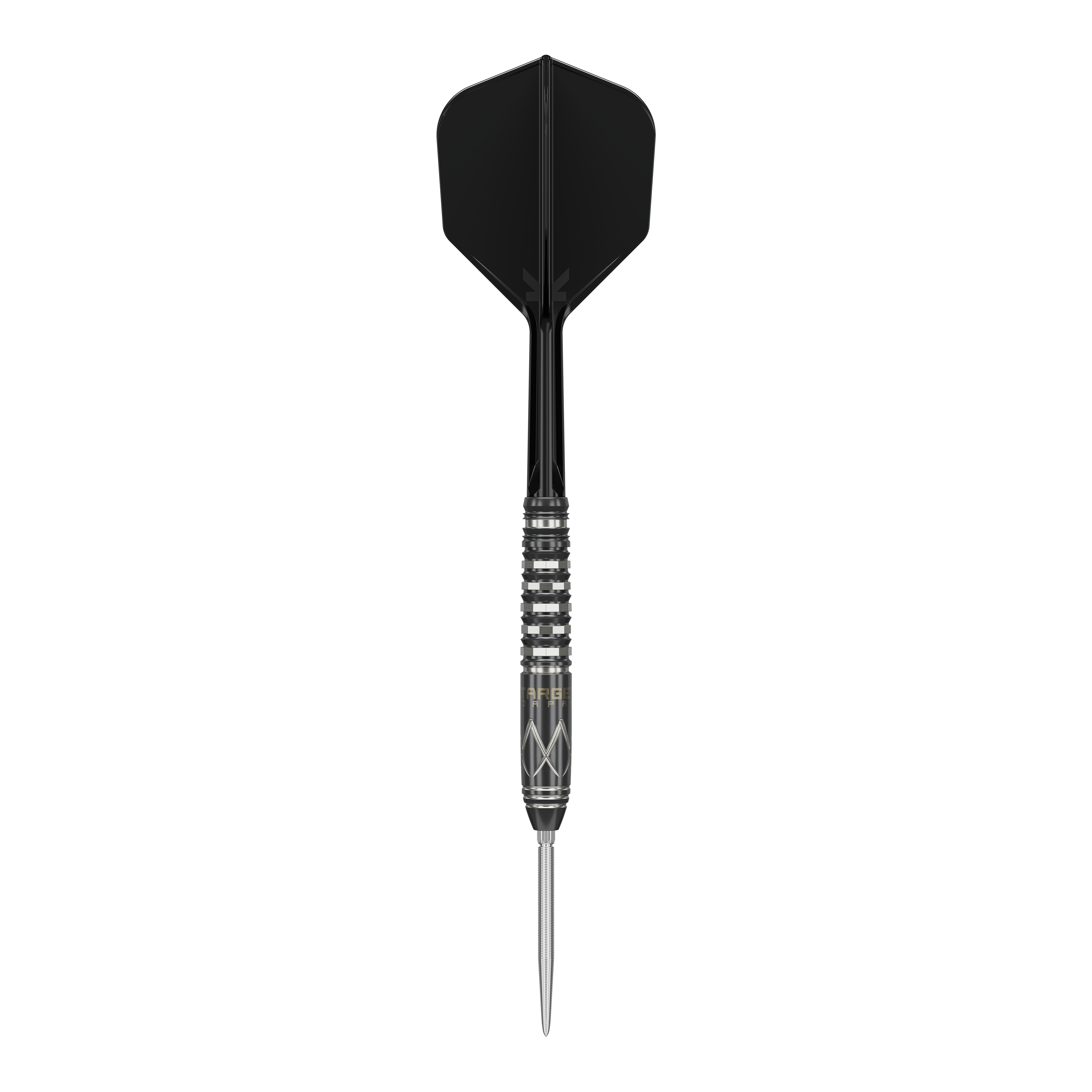 Target Japan Black Marque Chaos Swiss Point Steeldarts Das Bild zeigt einen Target Japan Black Marque Chaos Swiss Point Steeldart. Der Dartpfeil ist schwarz und silber mit einem spitzen Metallende und einer schwarzen Flight.