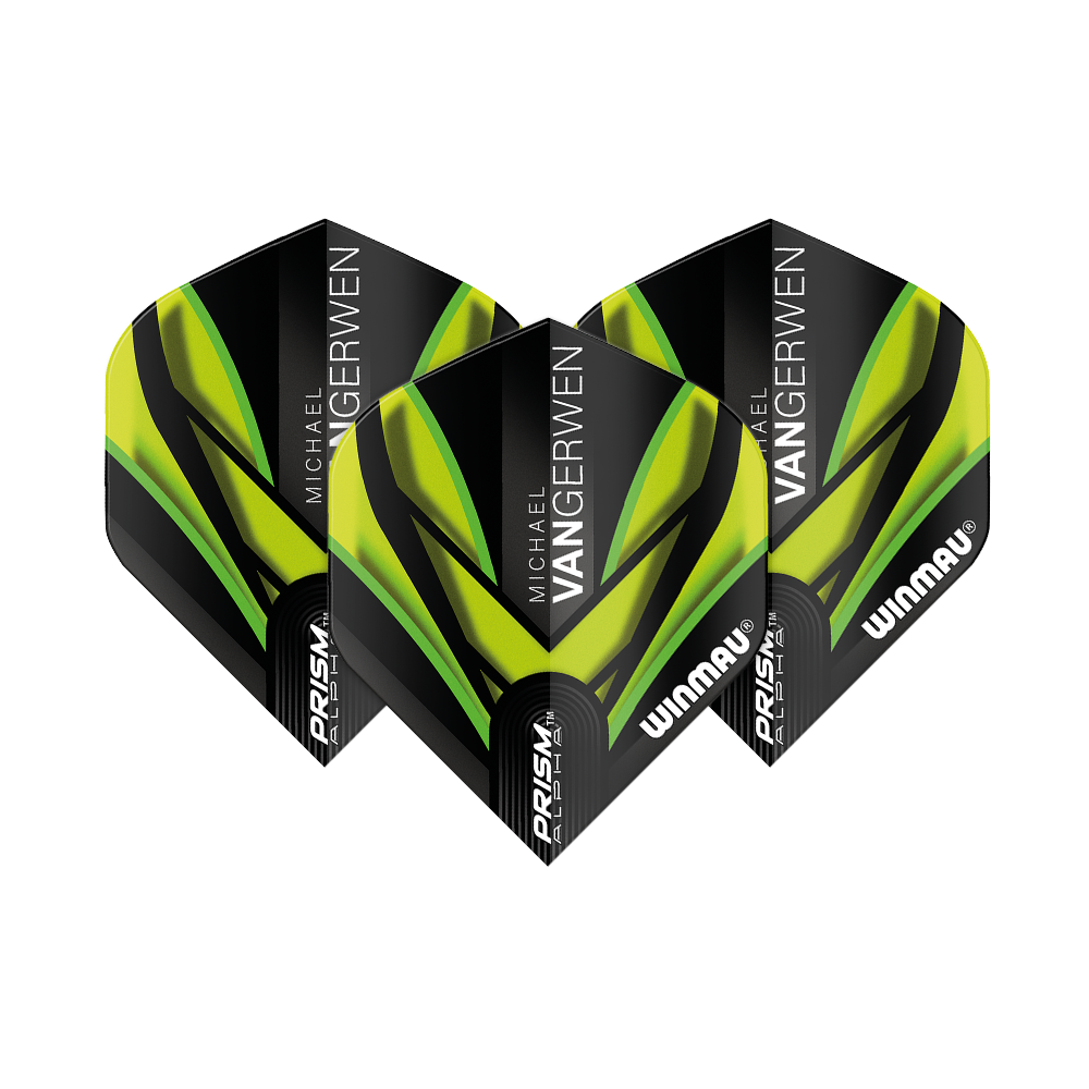 6915-145_Winmau_Prism_Alpha_MvG_Black_Green_V2_Standard_Flights_1L0YLPsbolBsWU Winmau Prism Alpha MvG Black Green V2 Standard Flights mit modernem Linienmuster. Die Flights sind nebeneinander angeordnet.