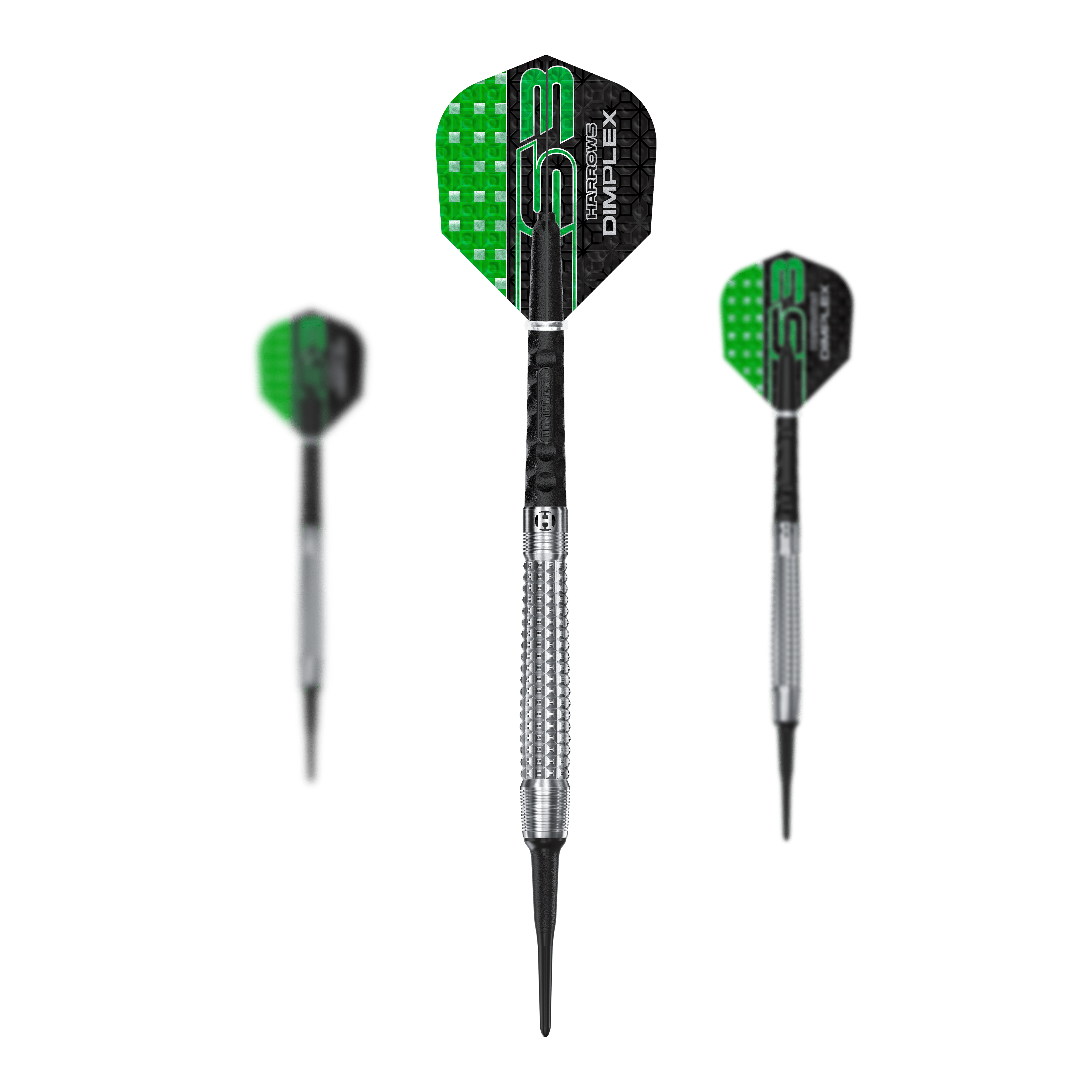Šipky Harrows Dimplex S3 Tapered Soft Das Set Harrows Dimplex S3 Tapered Softdarts wird gezeigt. Die Darts haben ein spezielles Griffdesign.