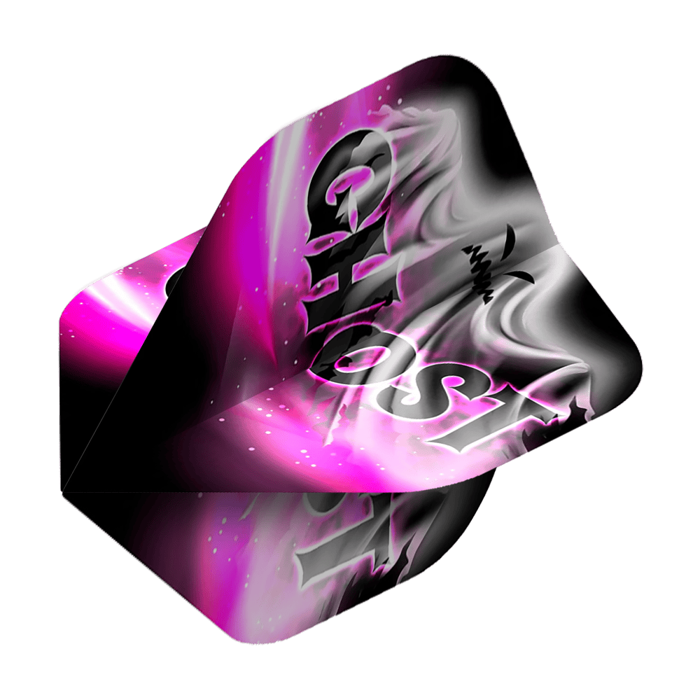 Mission Solo Bailey Marsh No2 Standard Flights Das Bild zeigt ein Dartflight mit dem Aufdruck "GHOST" in großen Buchstaben. Die Farben sind hauptsächlich Schwarz, Weiß und Pink mit einem nebligen, geisterhaften Muster.