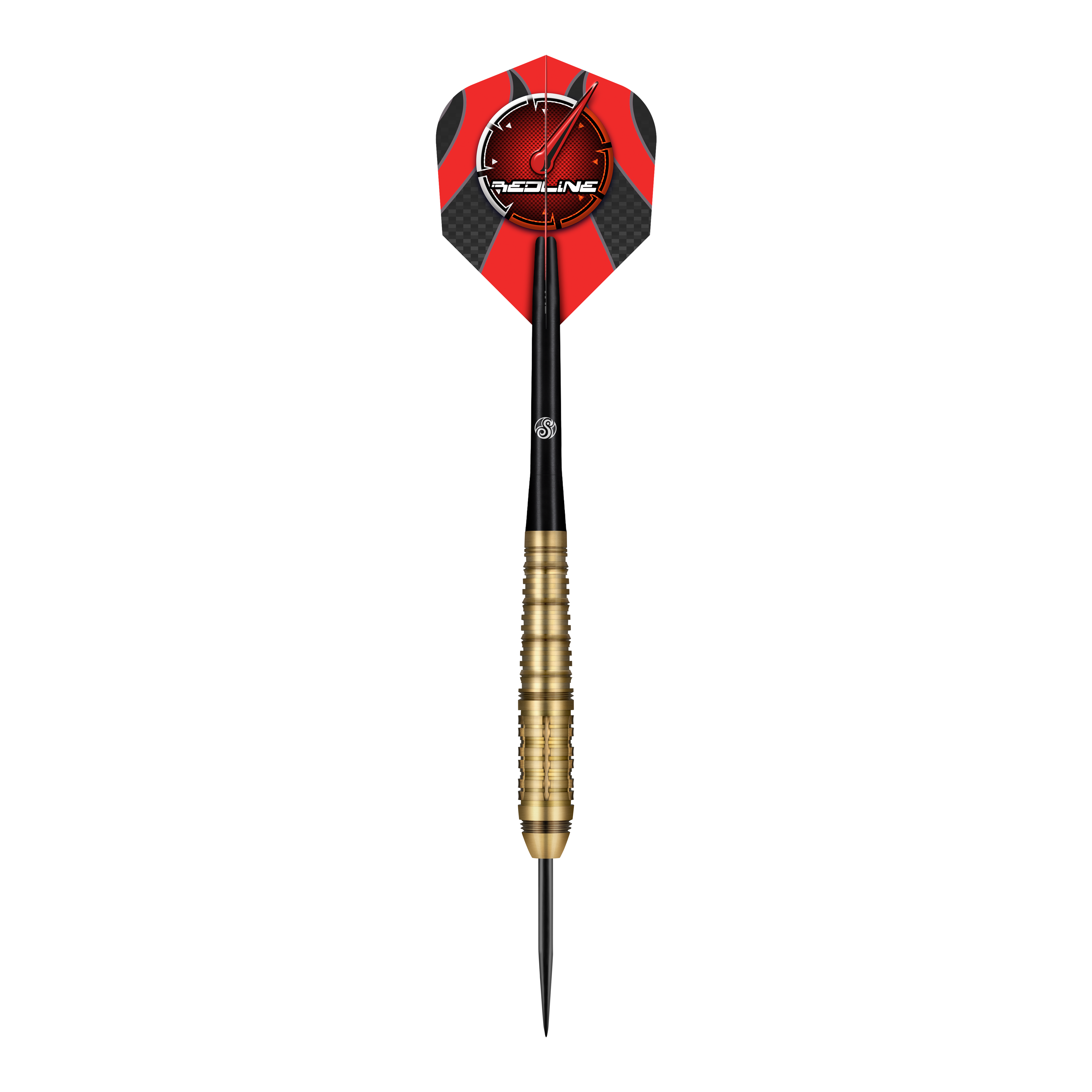 Dardos de acero Shot Redline Mach 1 Das Bild zeigt einen Steeldartpfeil mit goldfarbenem Griff und schwarzer Spitze. Die Dartflügel sind rot-schwarz gestaltet und tragen das "Redline"-Logo.