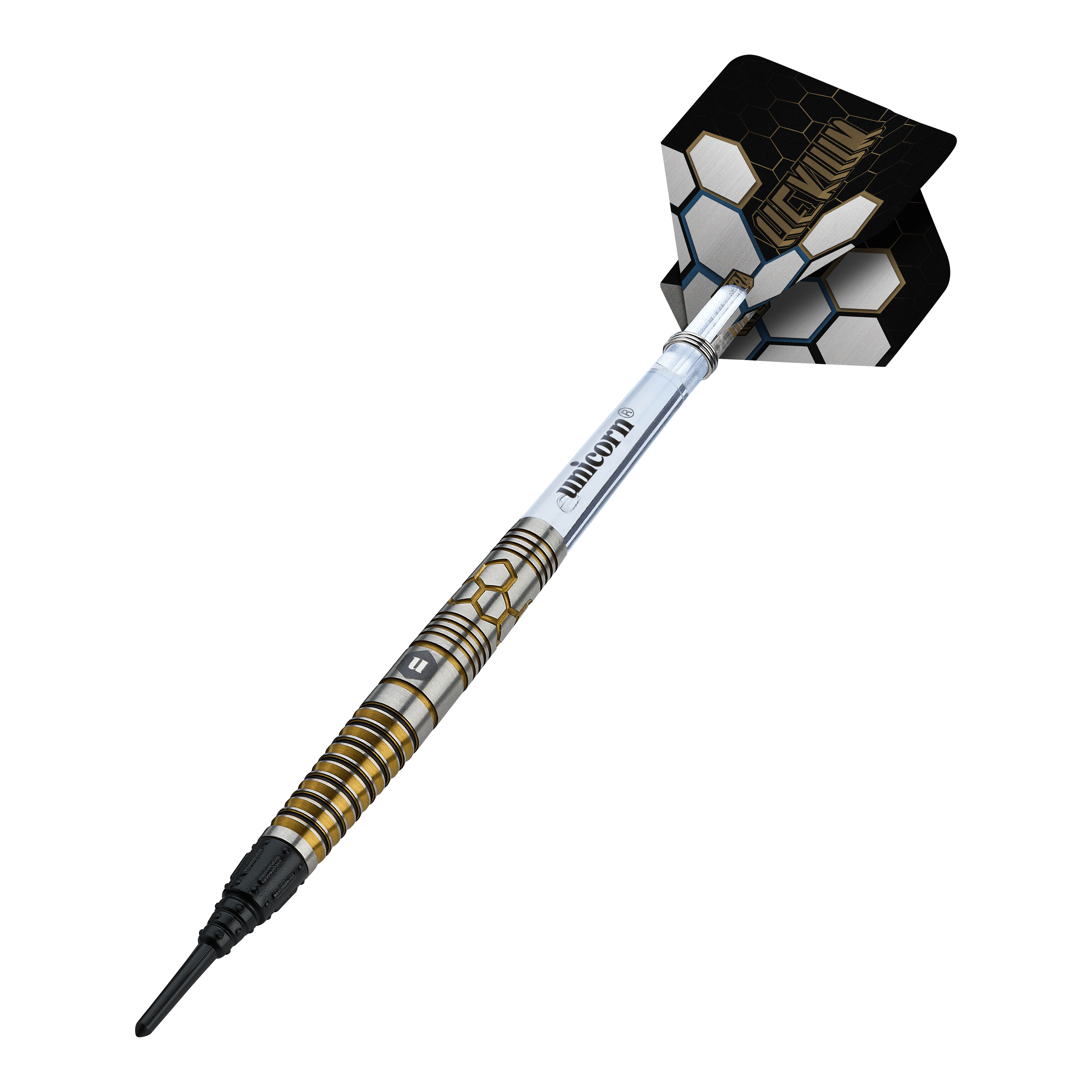 Unicorn Hexium Style 03 Gold & Black Soft Darts - 23g Auf diesem Bild sind Unicorn Hexium Style 03 Gold & Black Softdarts, 23g, dargestellt. Die Pfeile kombinieren goldene und schwarze Elemente im Design.